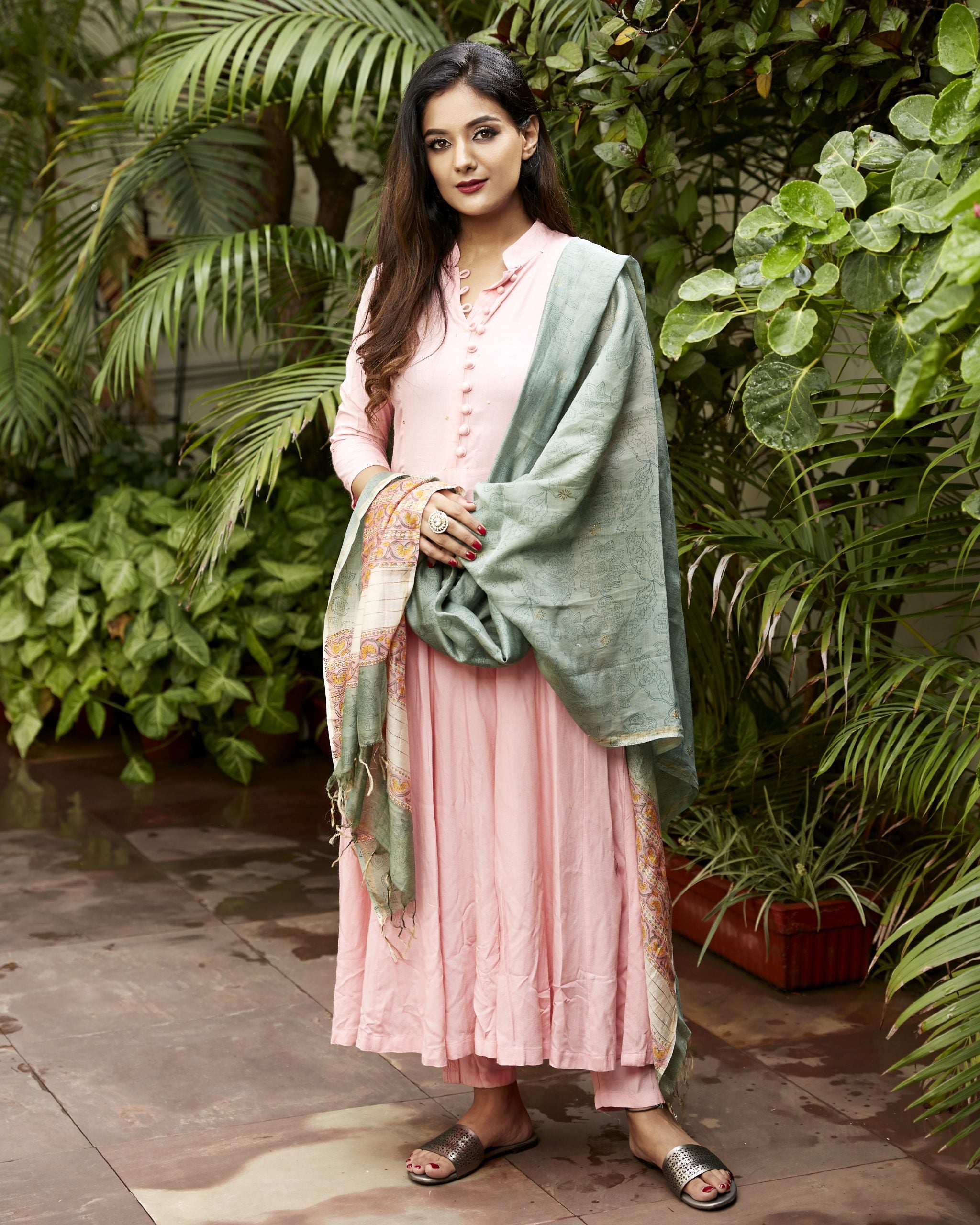 Baby Pink Suit Set With Green Dupatta