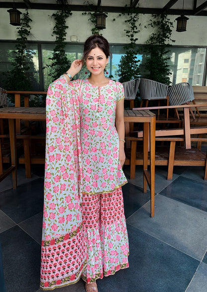 Floral Hand Block Printed Sharara Set