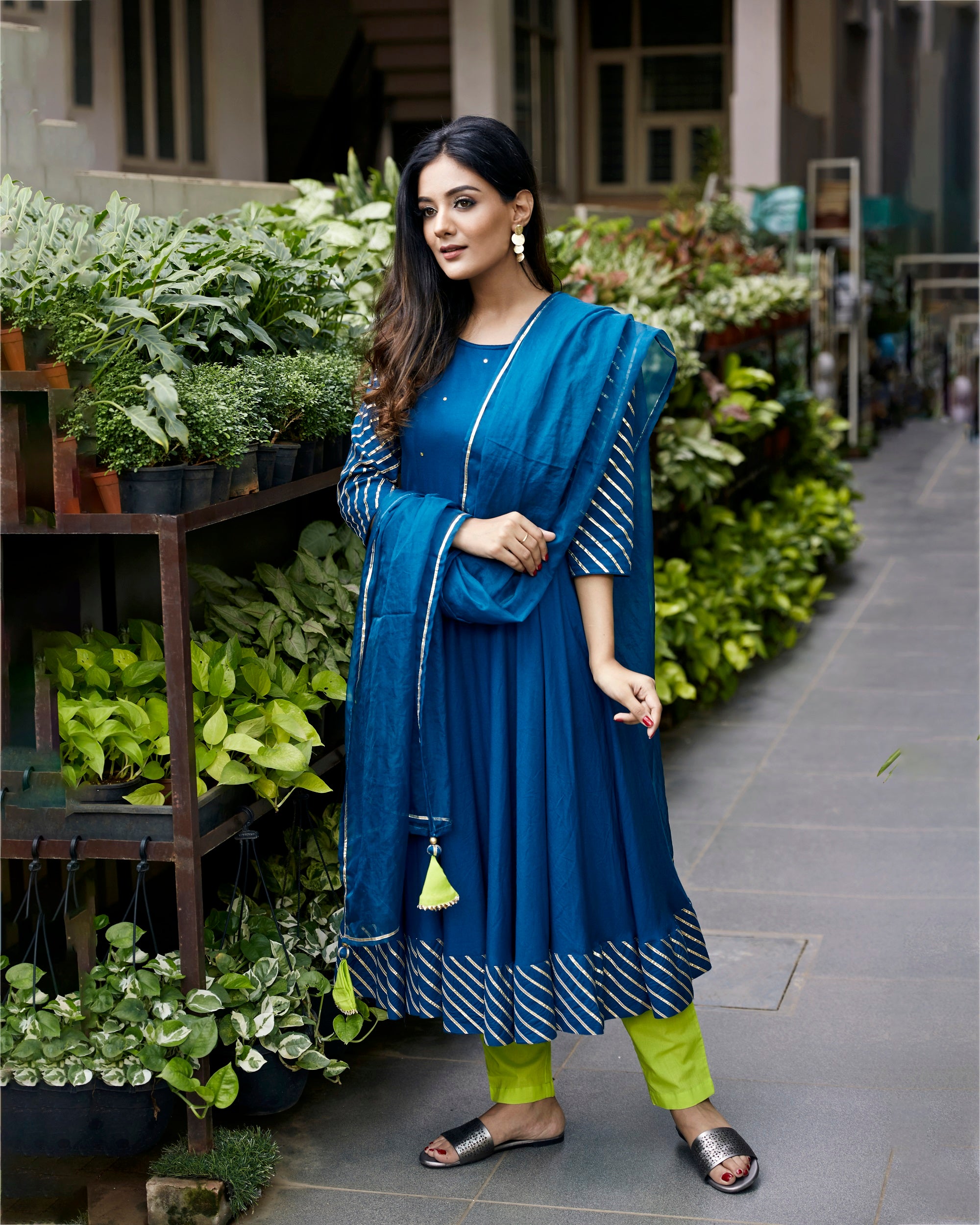 Peacock Blue Kurta With Neon Green Pant