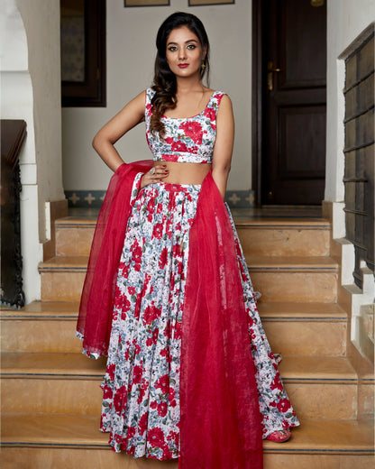 Pink Flower Printed Lehenga Set