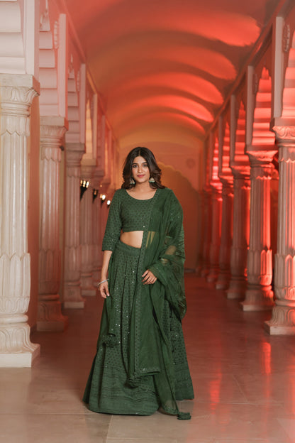 Bottle Green Embroidered Lehenga