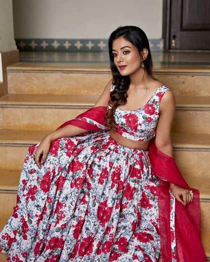 Pink Flower Printed Lehenga Set
