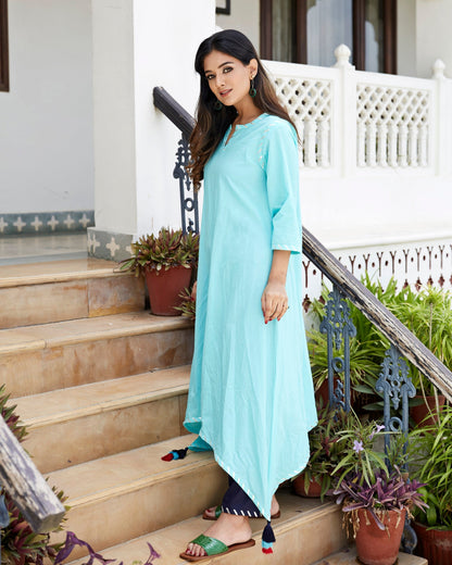Celeste Blue Kurta With Mid Night Blue Pathani Lower