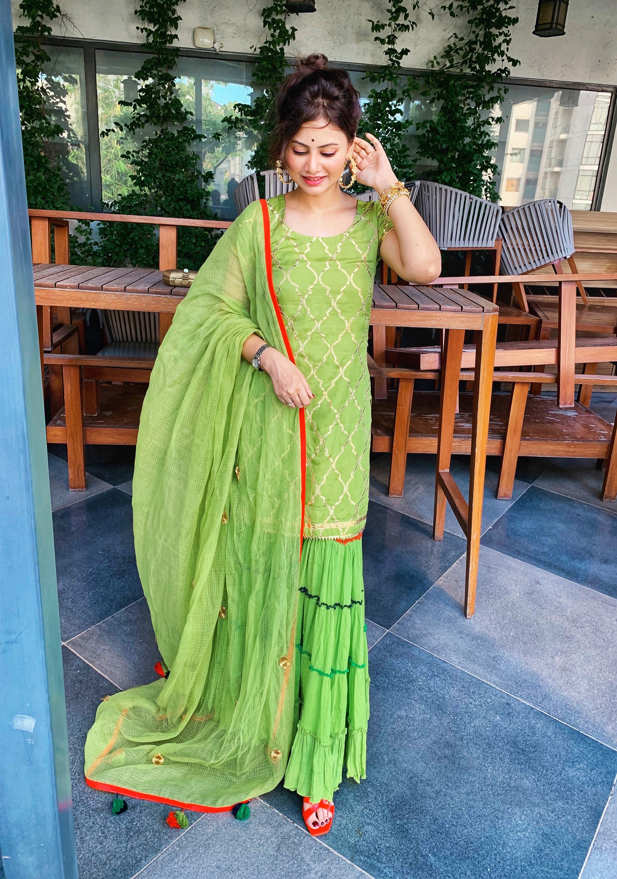 Green Sharara with Gotta Patti Kurta & Kota Doria Dupatta