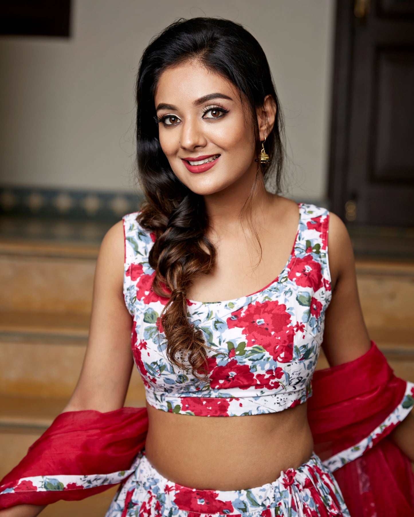 Pink Flower Printed Lehenga Set