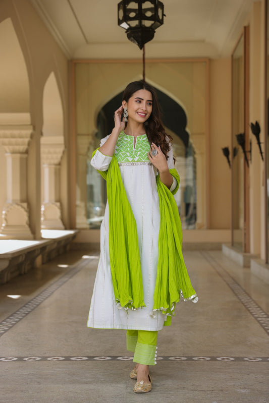 Pea Green Embroidered Suit Set