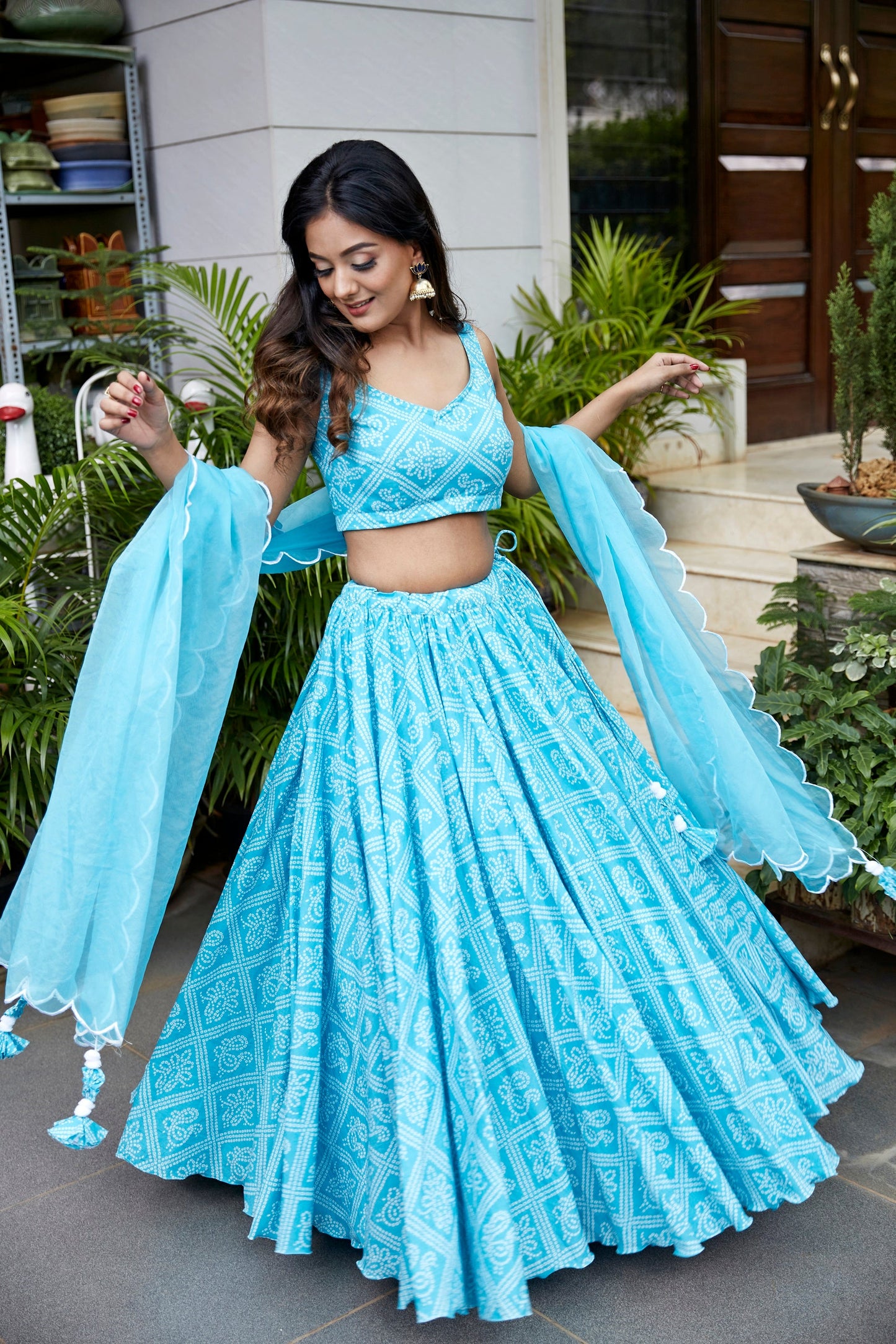 Blue Bandhej Lehenga With Organza Dupatta
