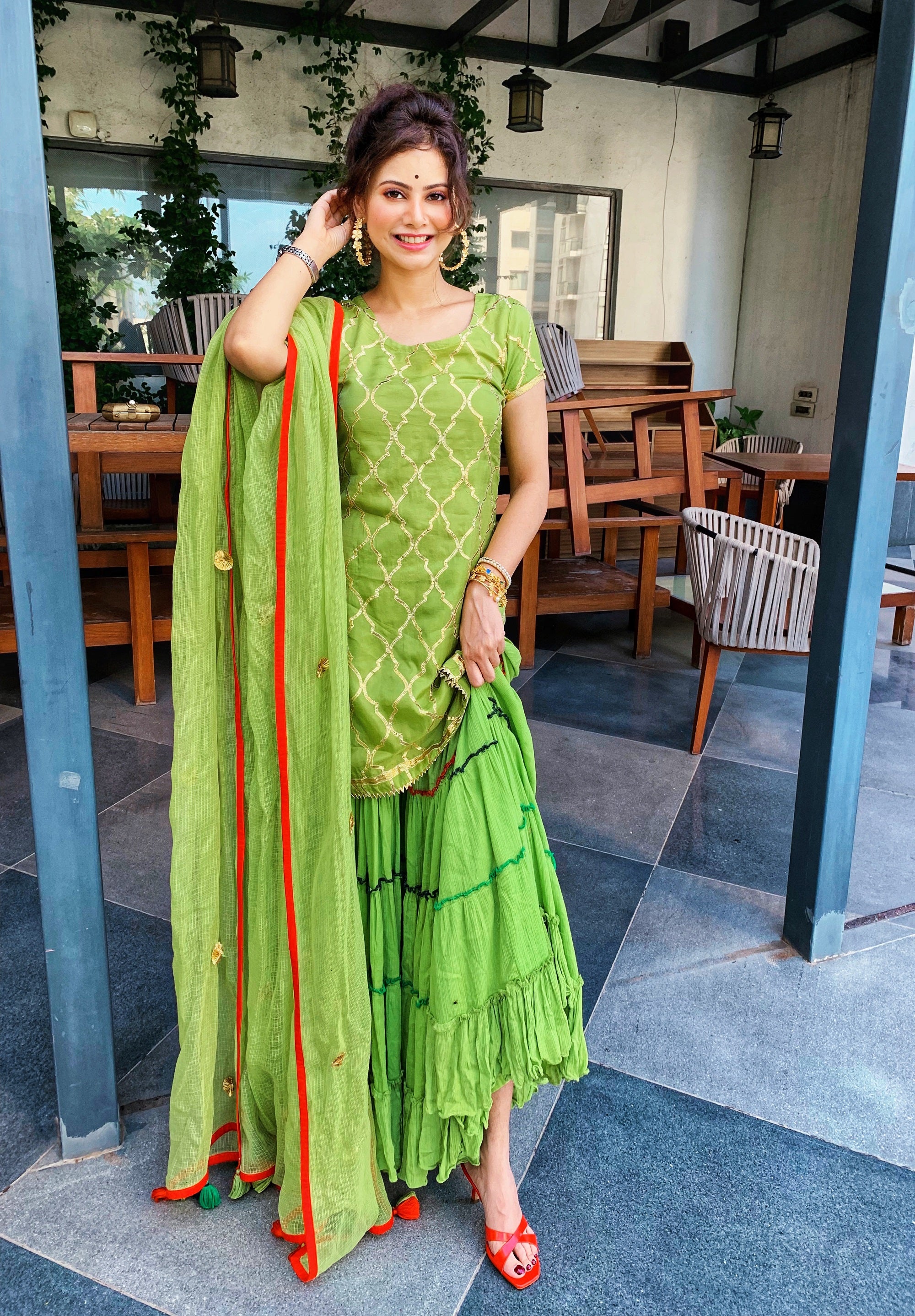 Green Sharara with Gotta Patti Kurta & Kota Doria Dupatta