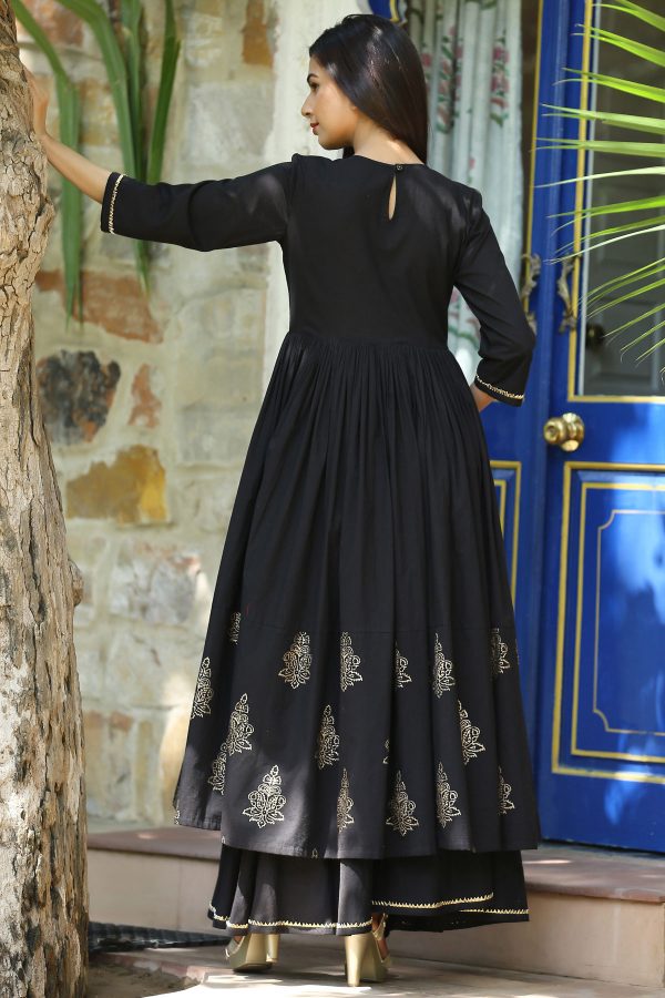 Golden Handblock Printed Choli Cut Kurta With skirt