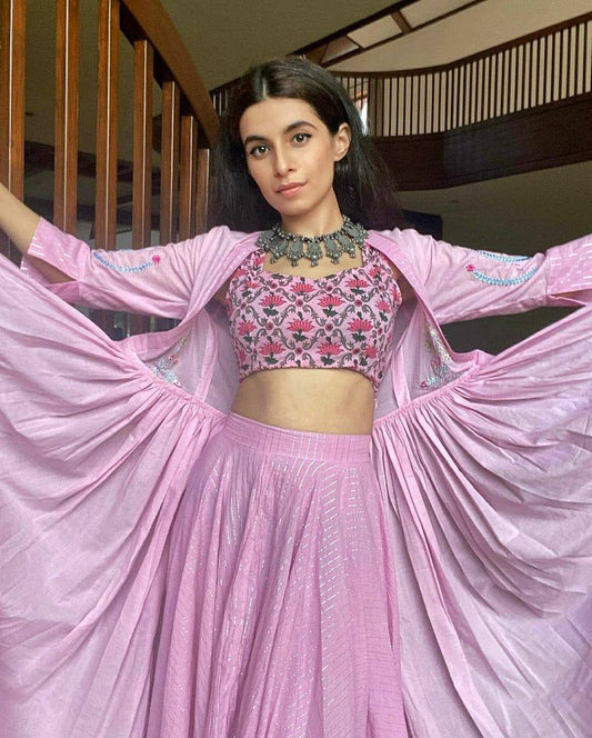 Light Pink Embroidered Jacket Lehenga Set