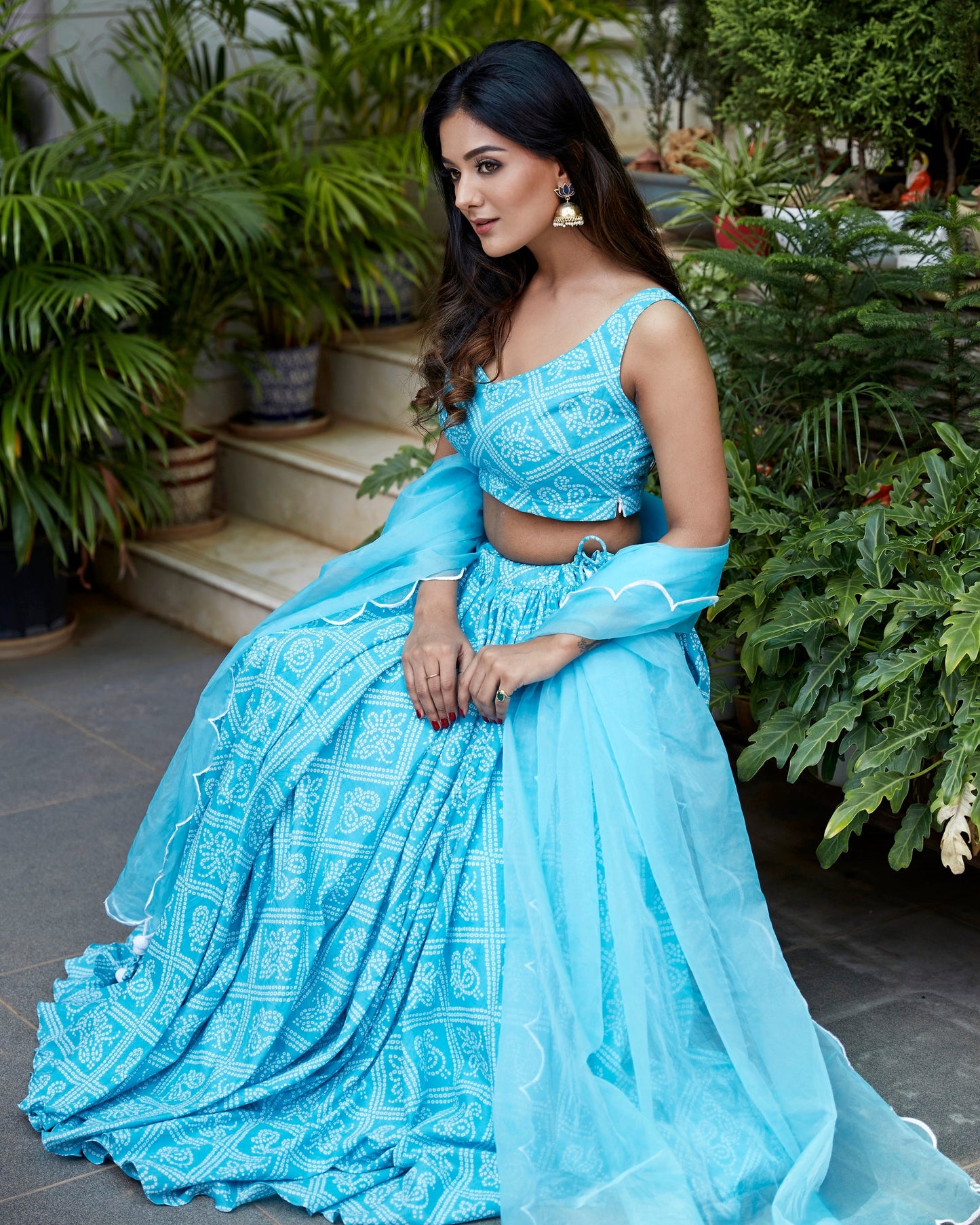 Blue Bandhej Lehenga With Organza Dupatta