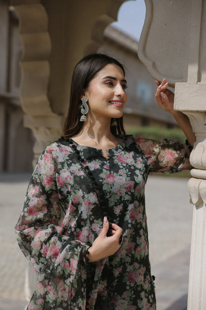 Floral Black Organza Suit Set