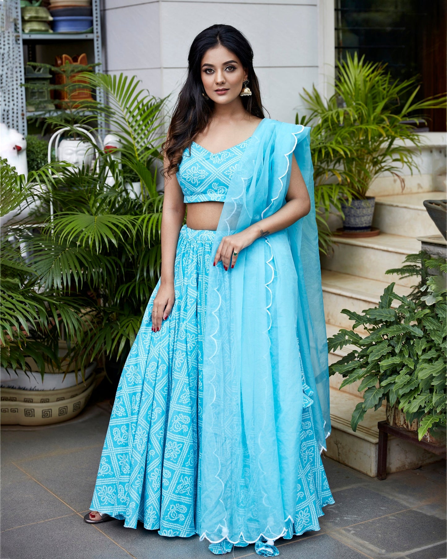 Blue Bandhej Lehenga With Organza Dupatta