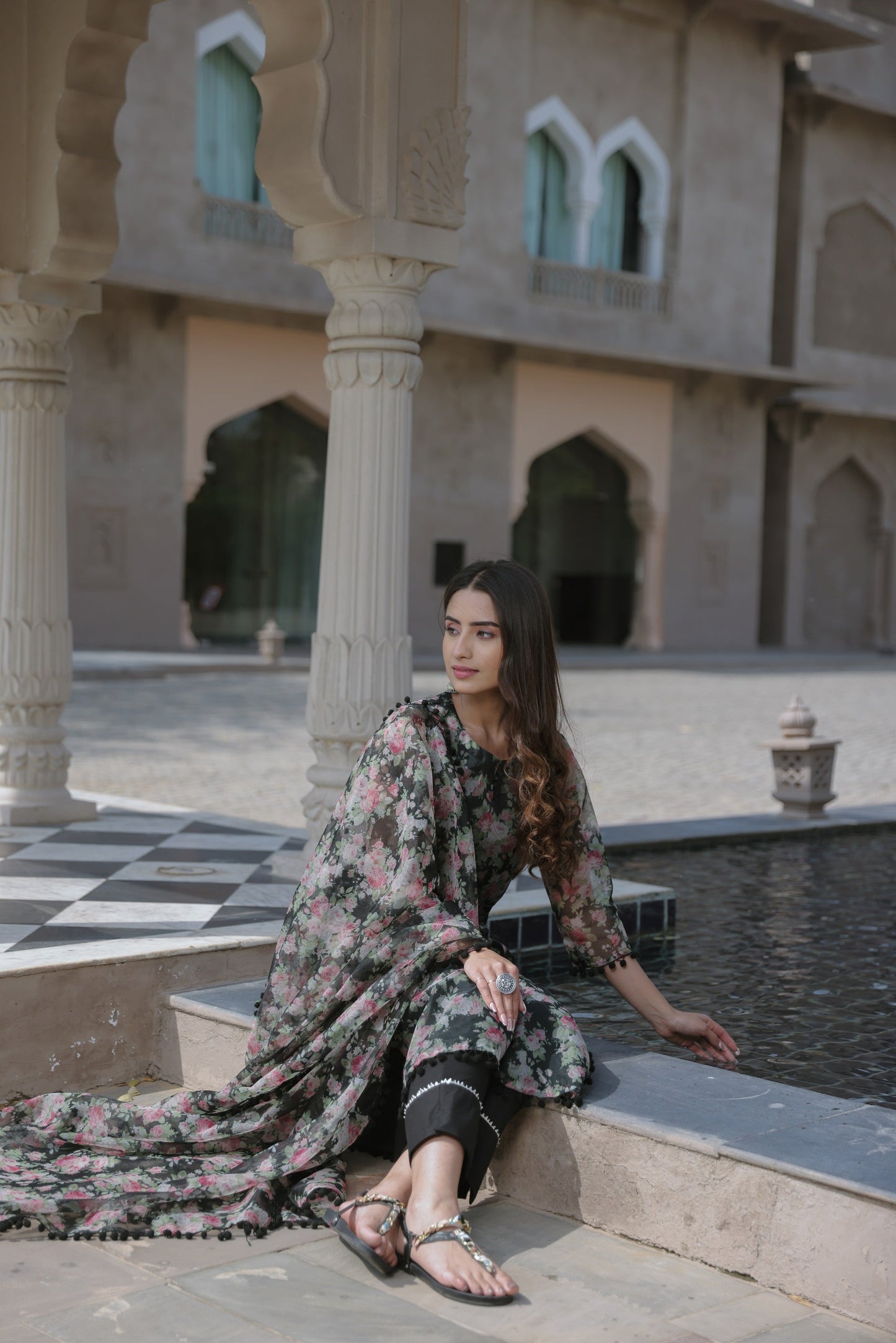 Floral Black Organza Suit Set