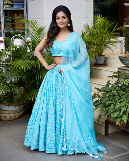 Blue Bandhej Lehenga With Organza Dupatta