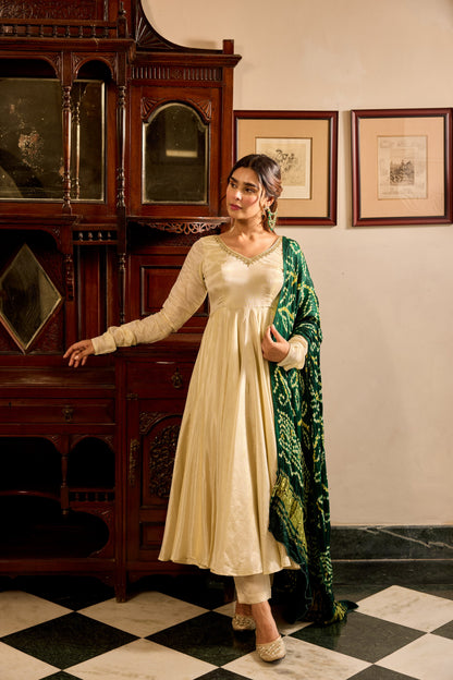 Tissue Green Bandhej Anarkali Suit Set