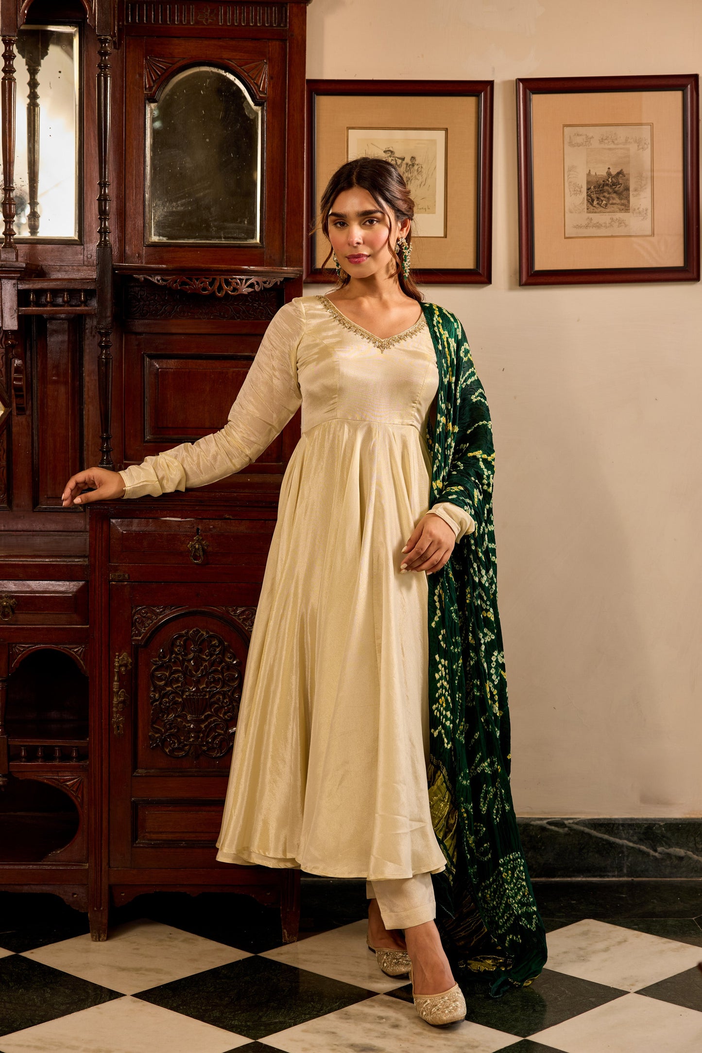 Tissue Green Bandhej Anarkali Suit Set