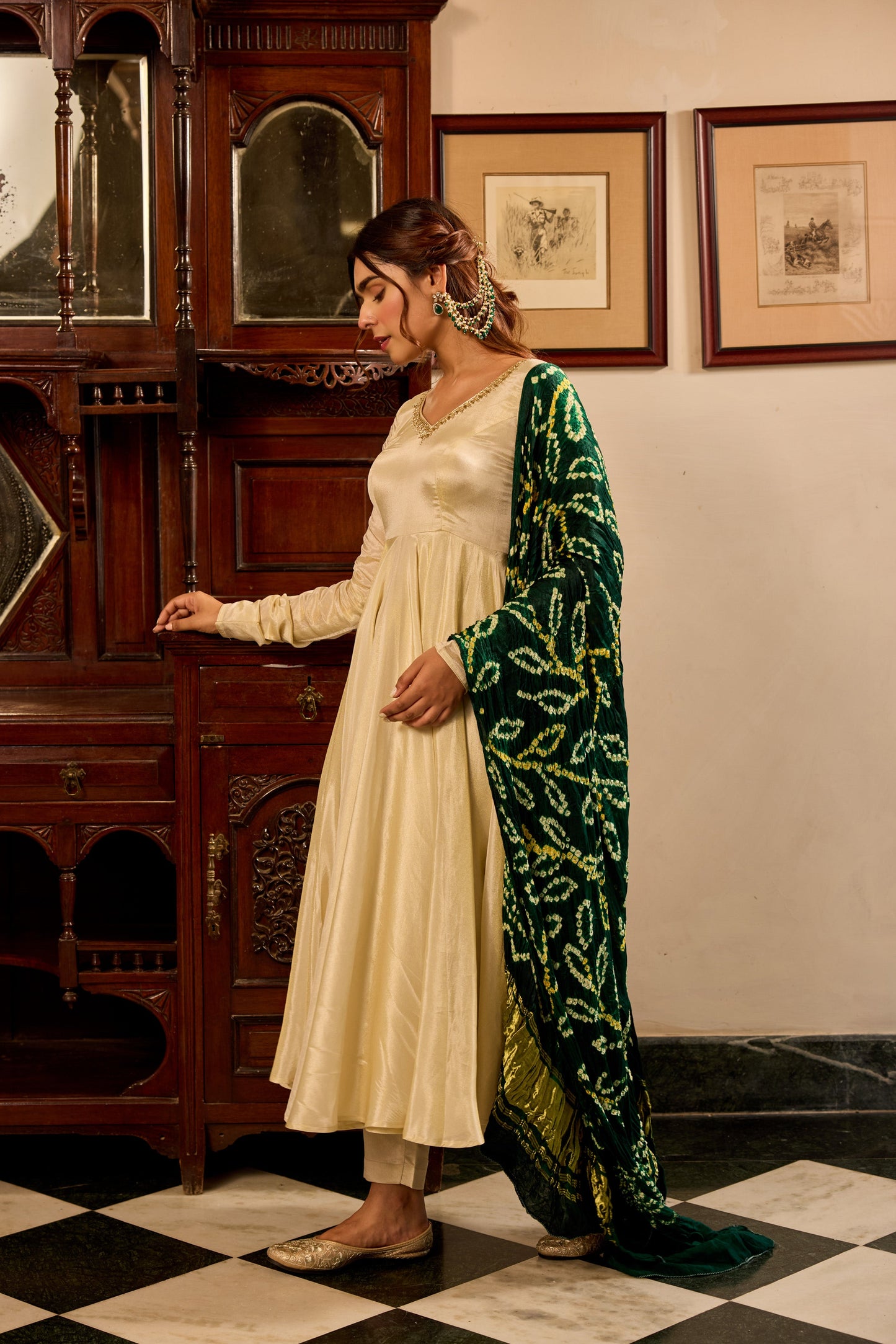 Tissue Green Bandhej Anarkali Suit Set
