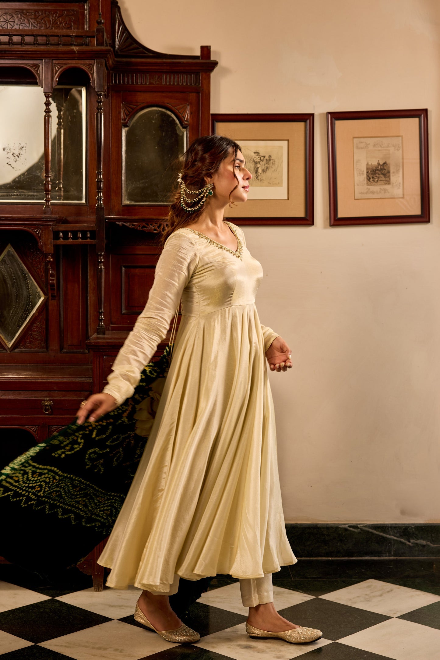 Tissue Green Bandhej Anarkali Suit Set
