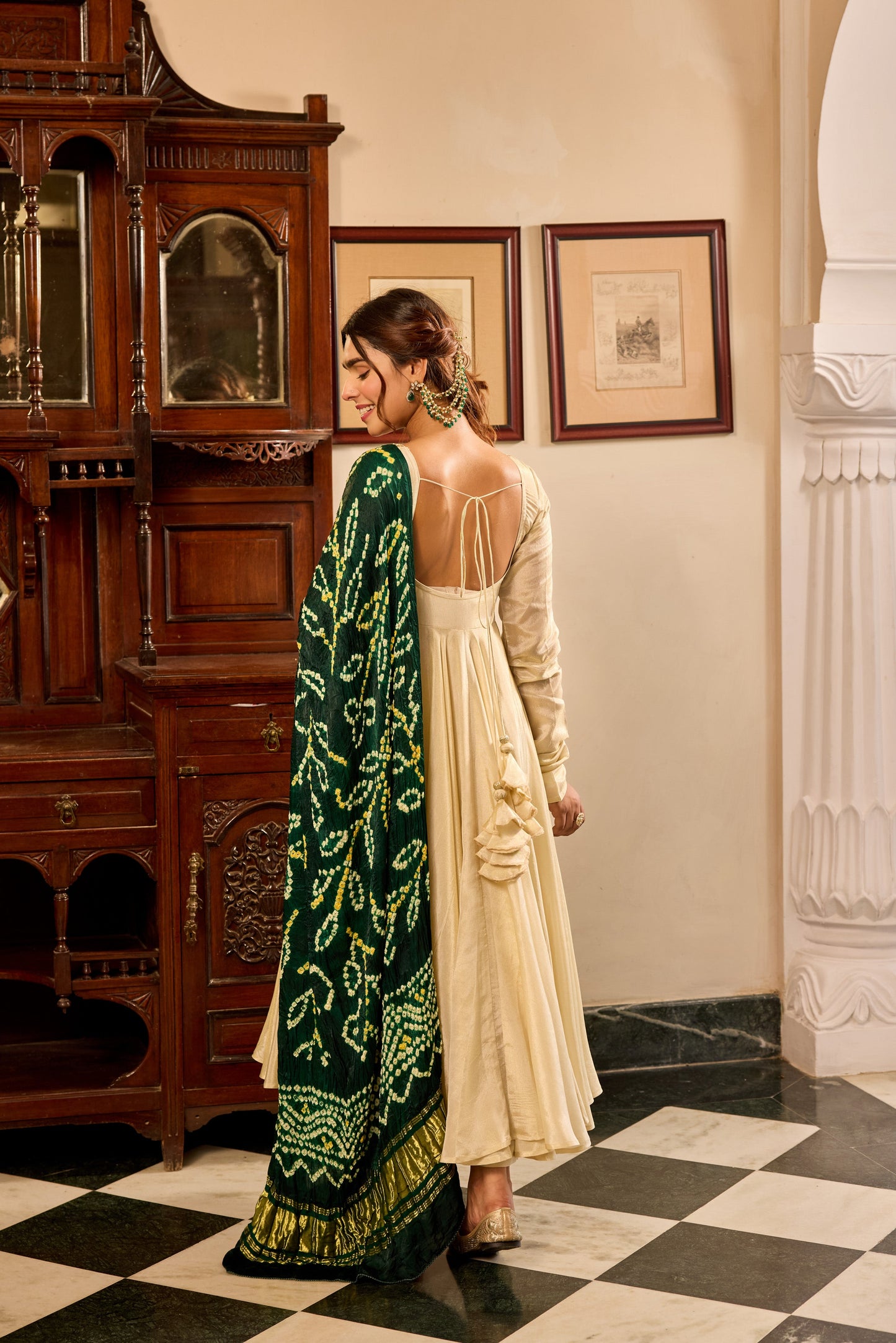 Tissue Green Bandhej Anarkali Suit Set