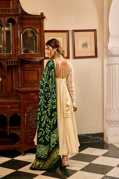 Tissue Green Bandhej Anarkali Suit Set