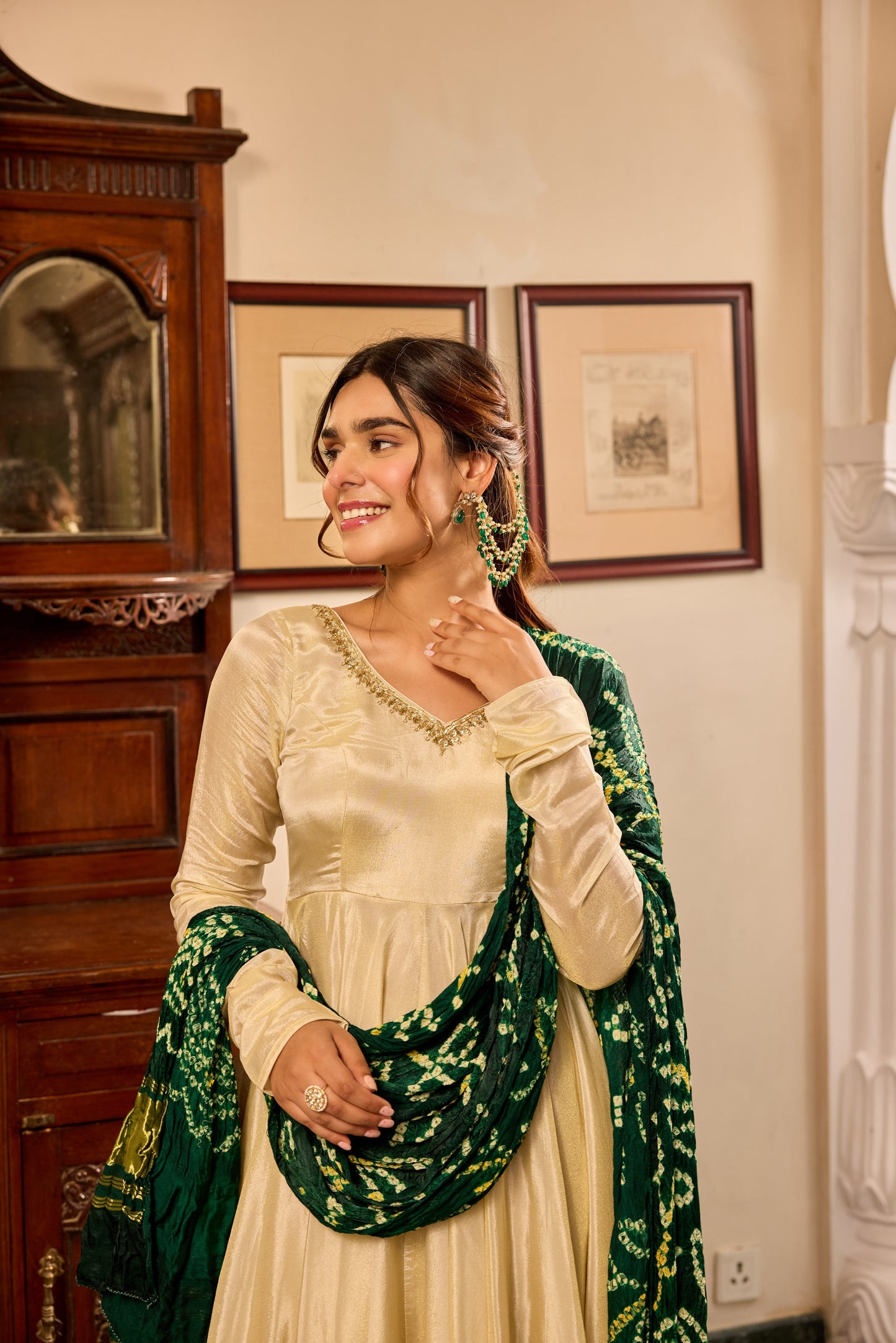 Tissue Green Bandhej Anarkali Suit Set
