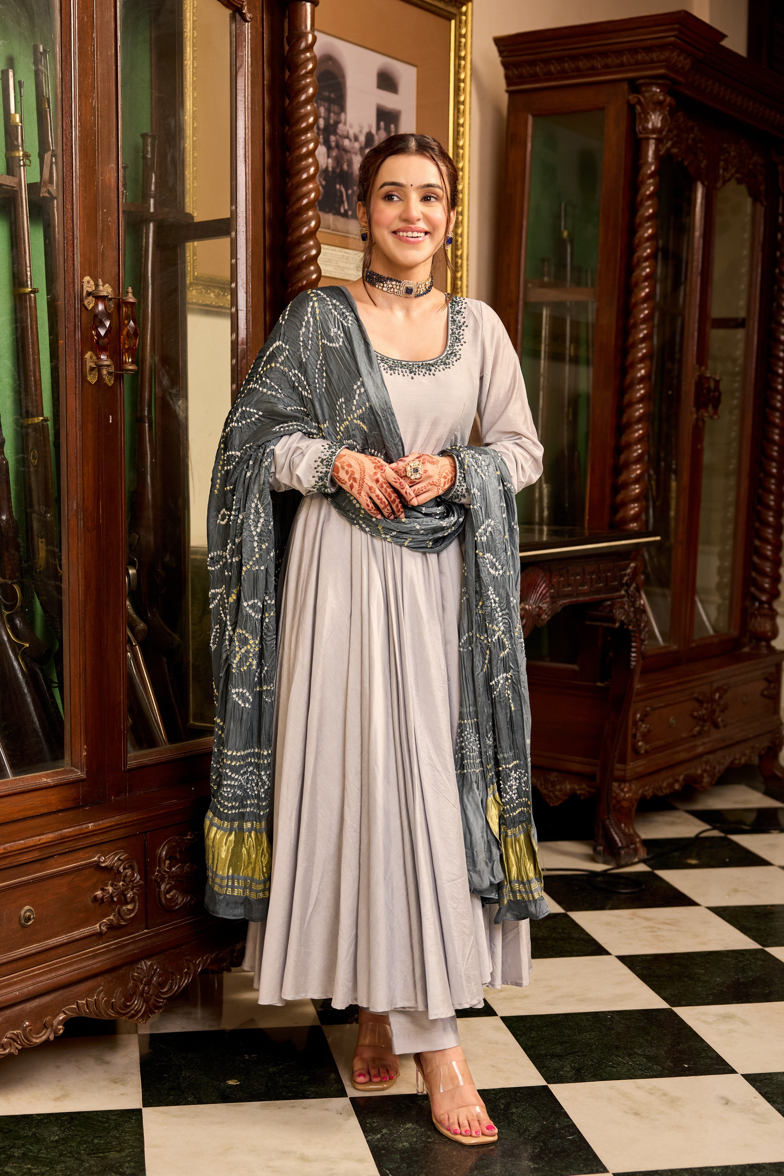 Lava Gray Bandhej Anarkali Suit Set