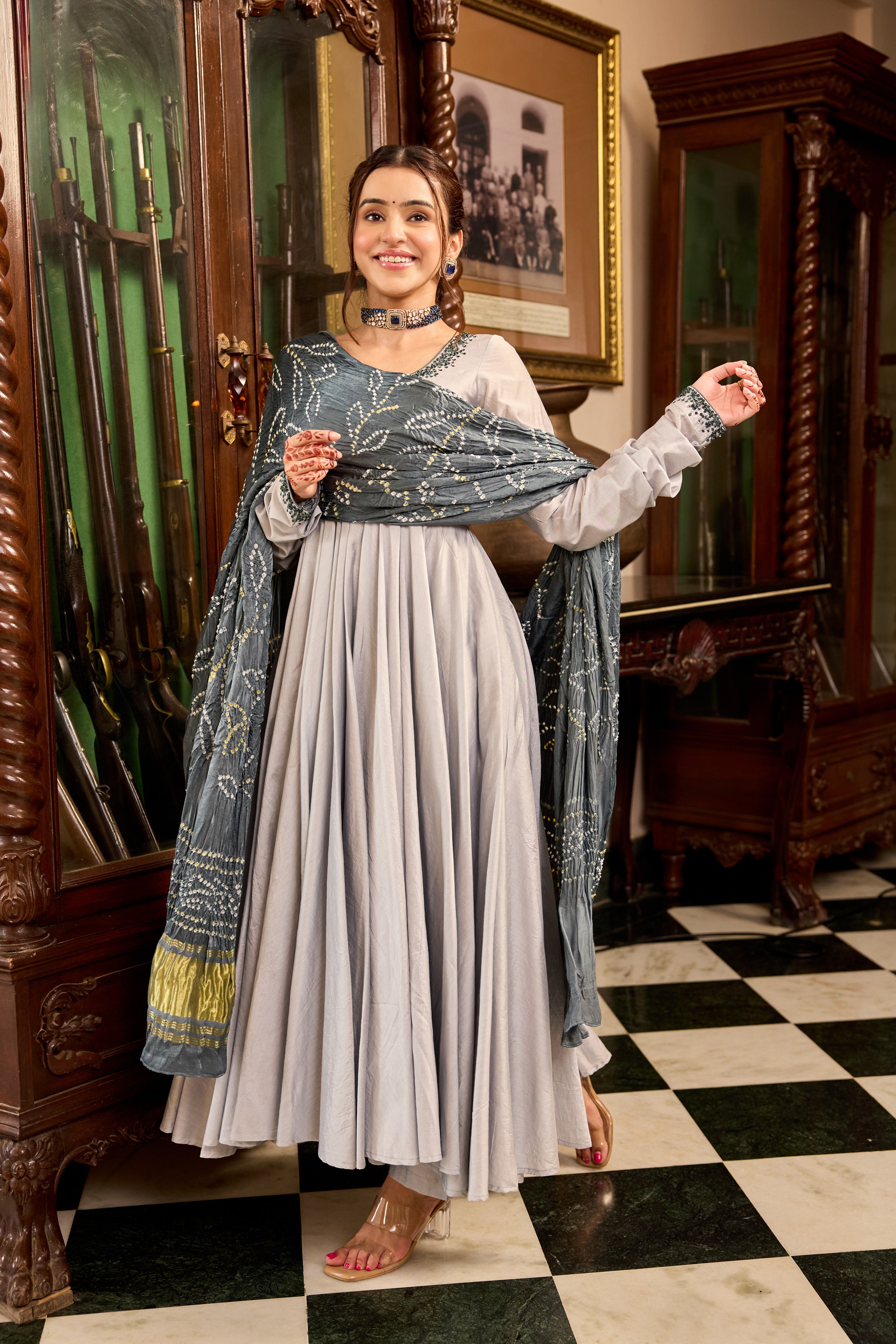 Lava Gray Bandhej Anarkali Suit Set