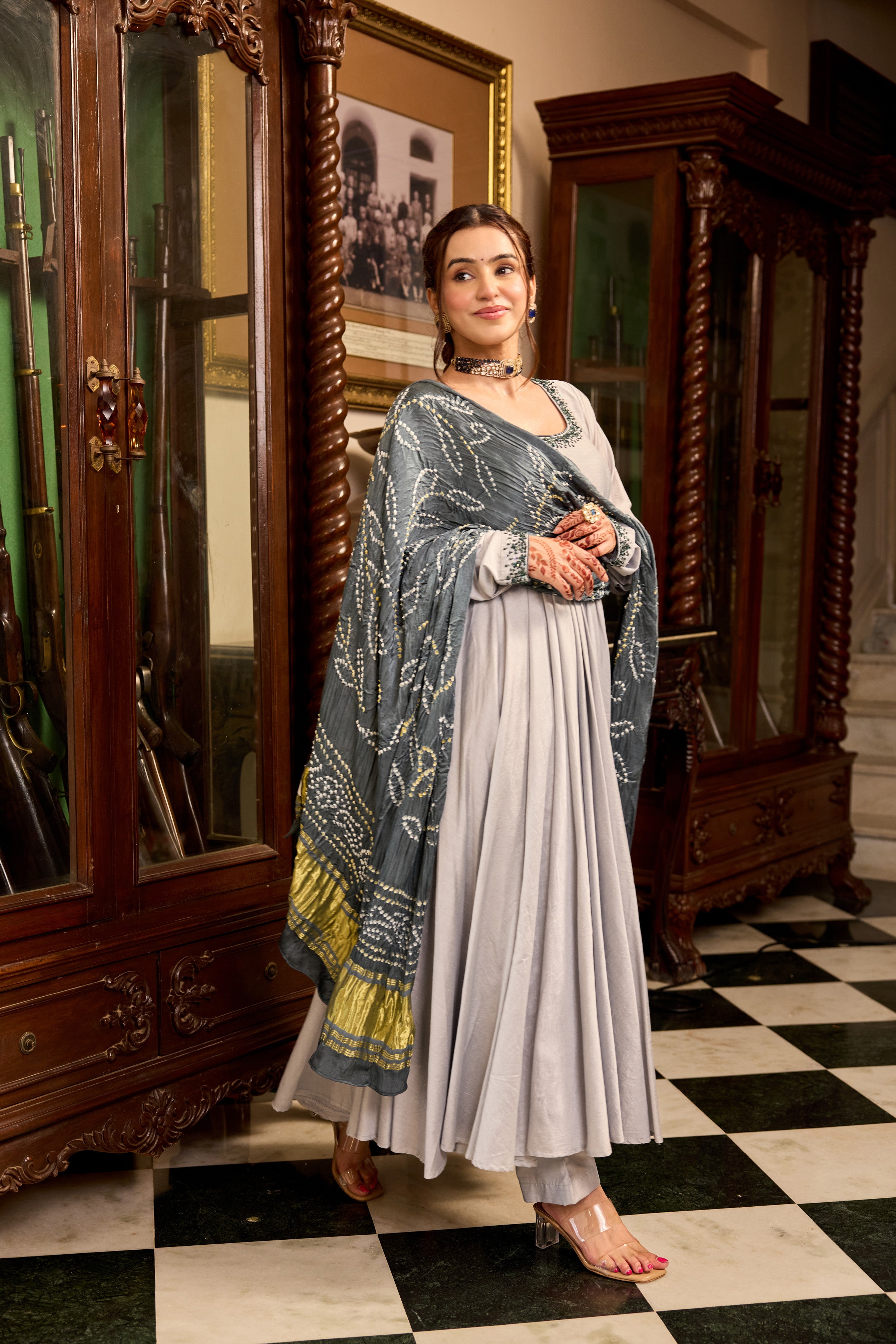 Lava Gray Bandhej Anarkali Suit Set