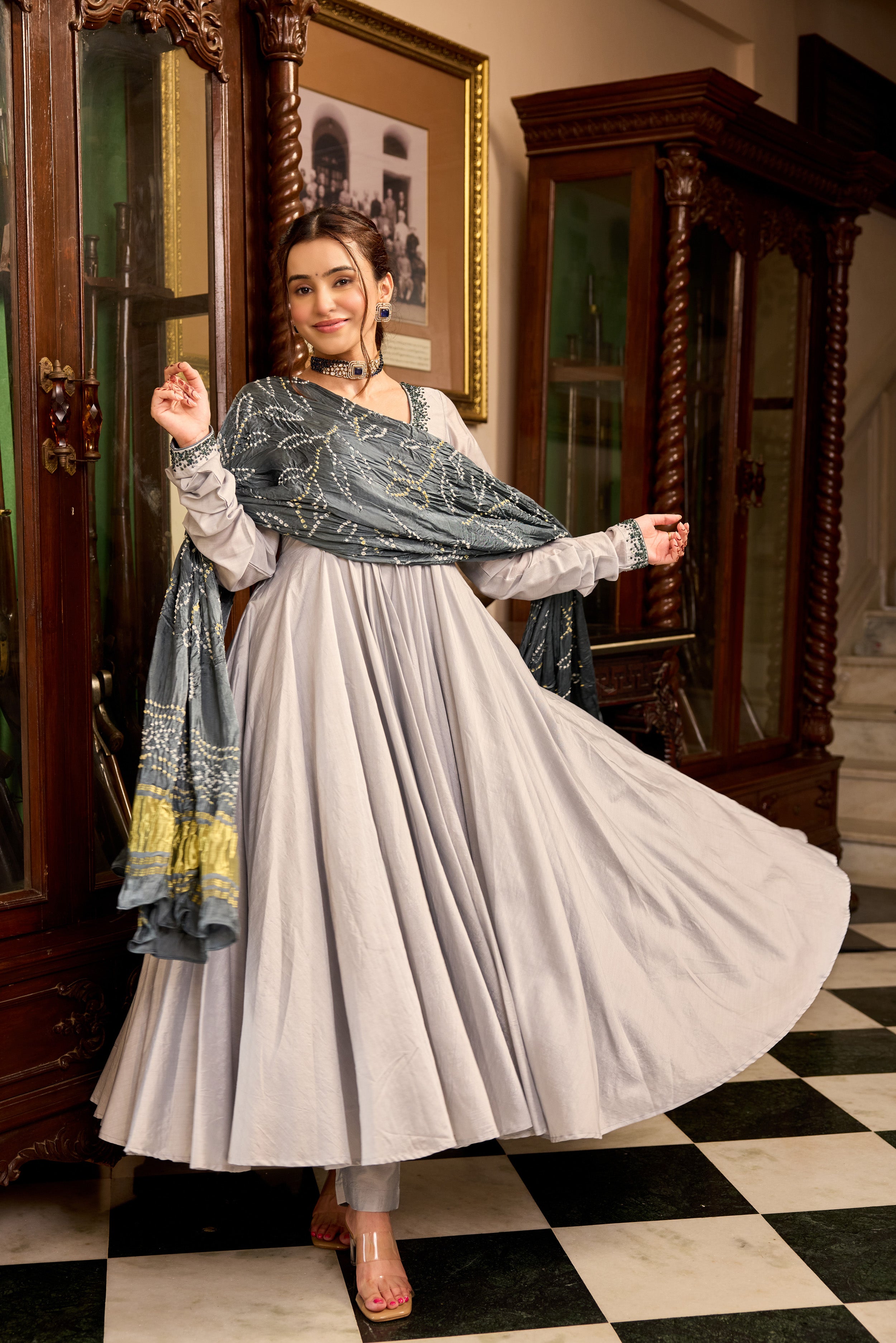 Lava Gray Bandhej Anarkali Suit Set