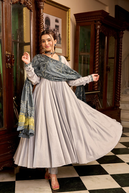 Lava Gray Bandhej Anarkali Suit Set