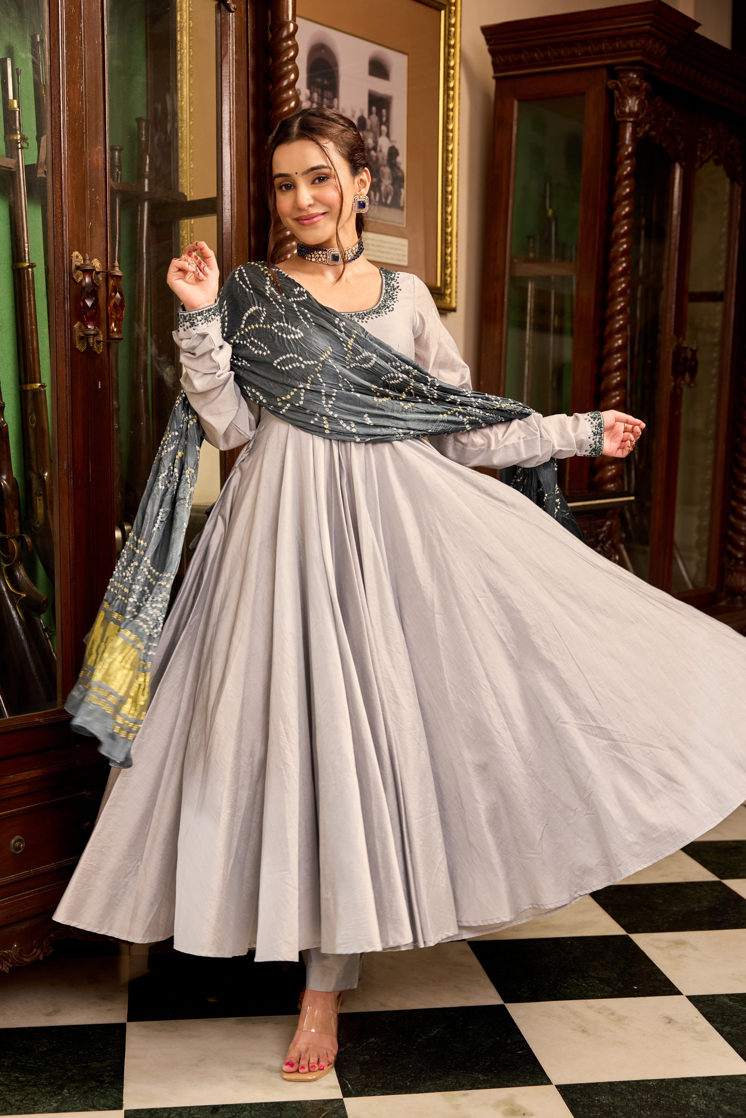 Lava Gray Bandhej Anarkali Suit Set