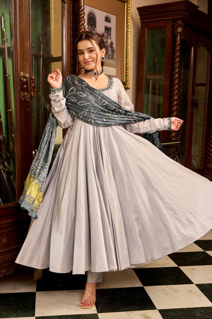Lava Gray Bandhej Anarkali Suit Set