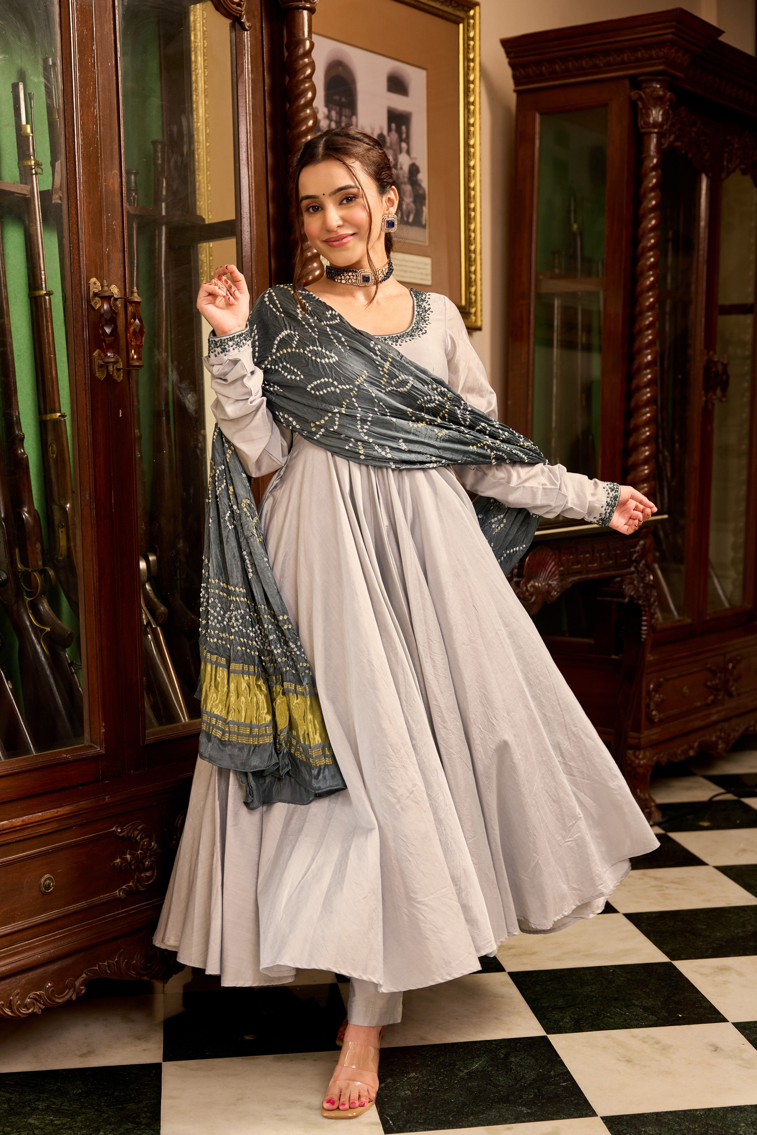 Lava Gray Bandhej Anarkali Suit Set