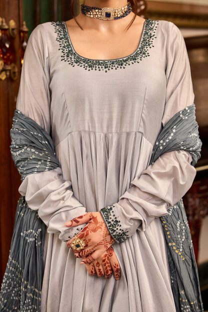 Lava Gray Bandhej Anarkali Suit Set