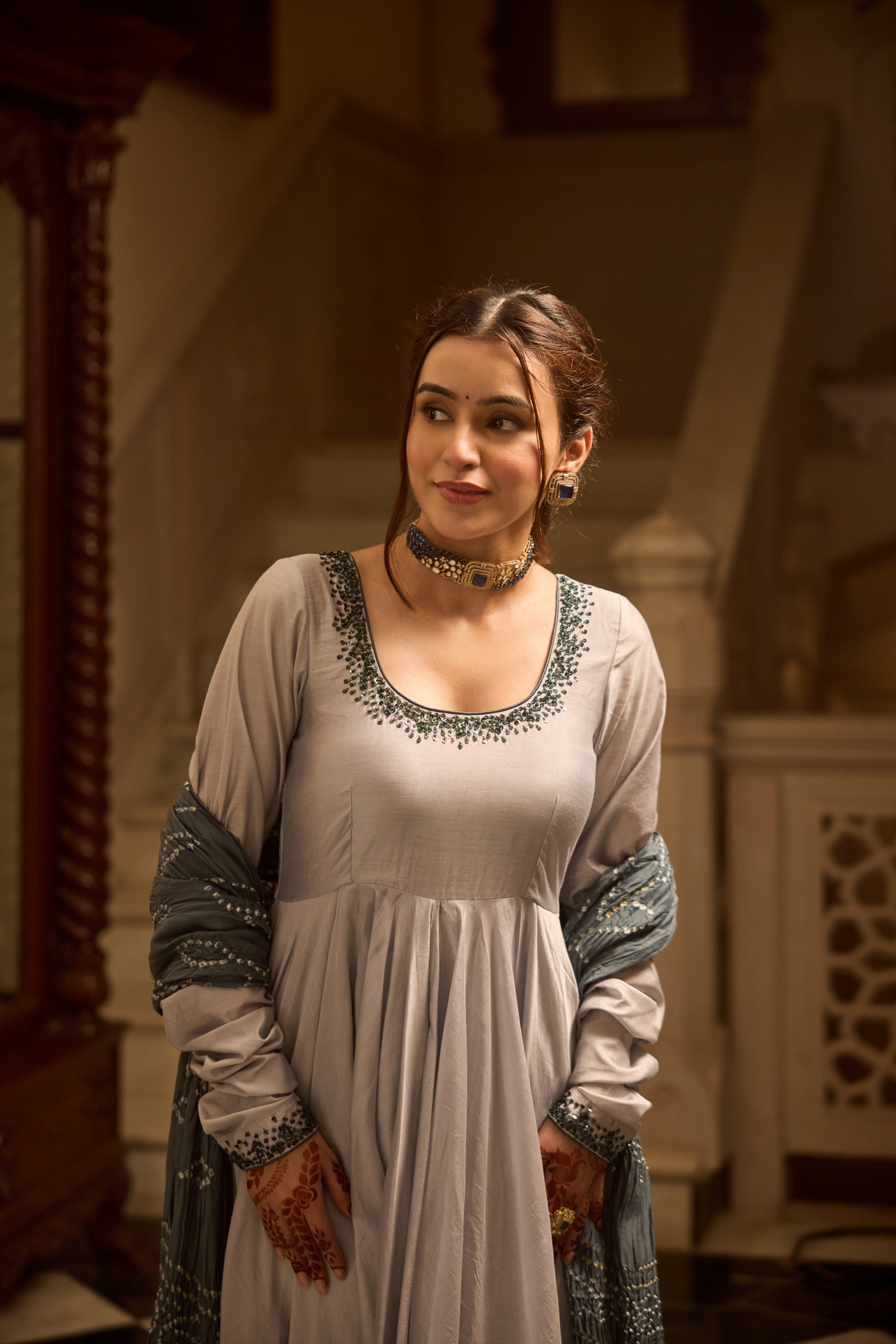 Lava Gray Bandhej Anarkali Suit Set