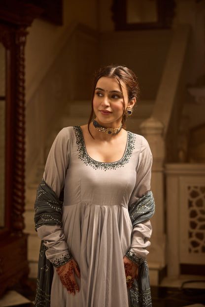Lava Gray Bandhej Anarkali Suit Set