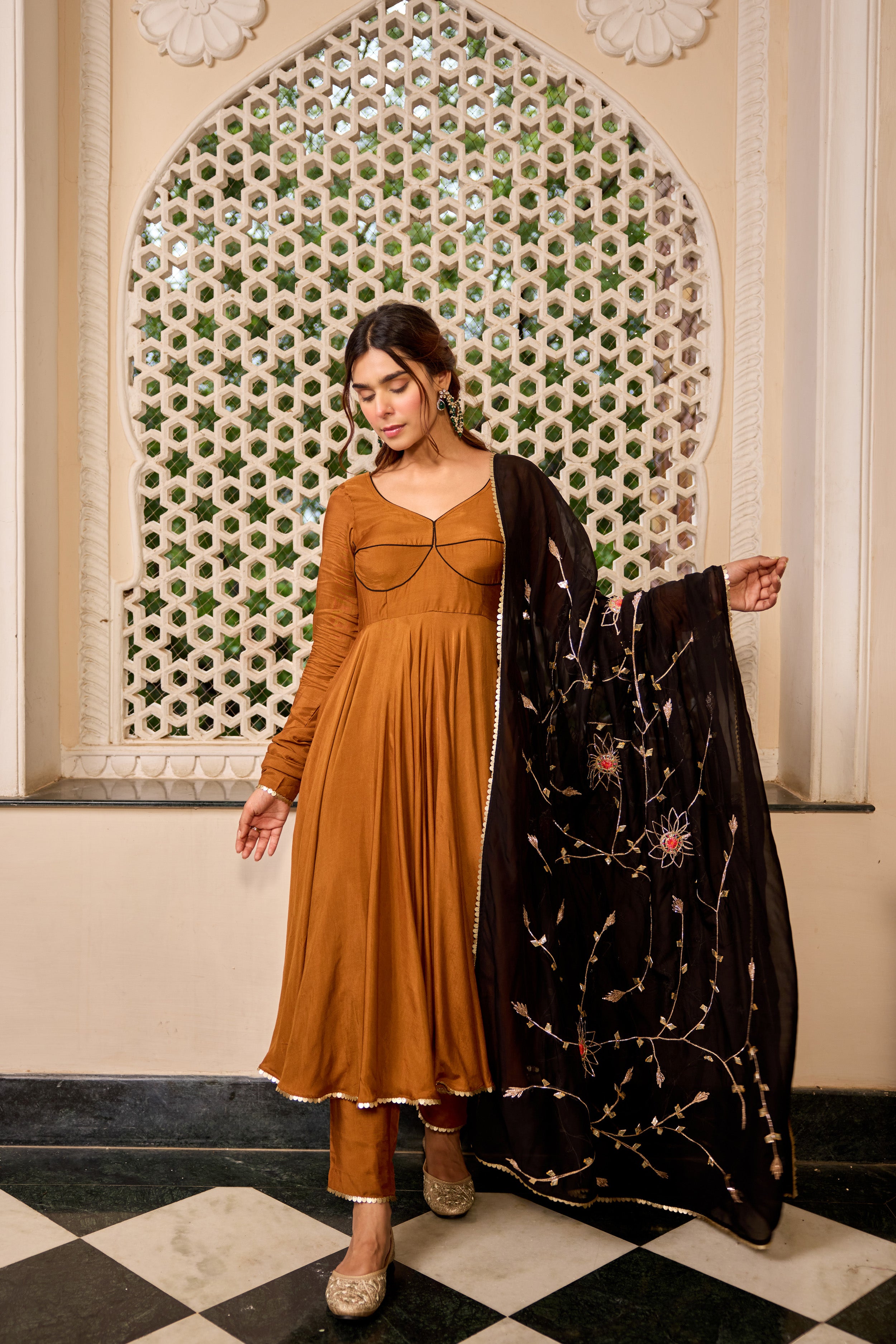 Golden Black Gotta Dupatta Anarkali Suit Set