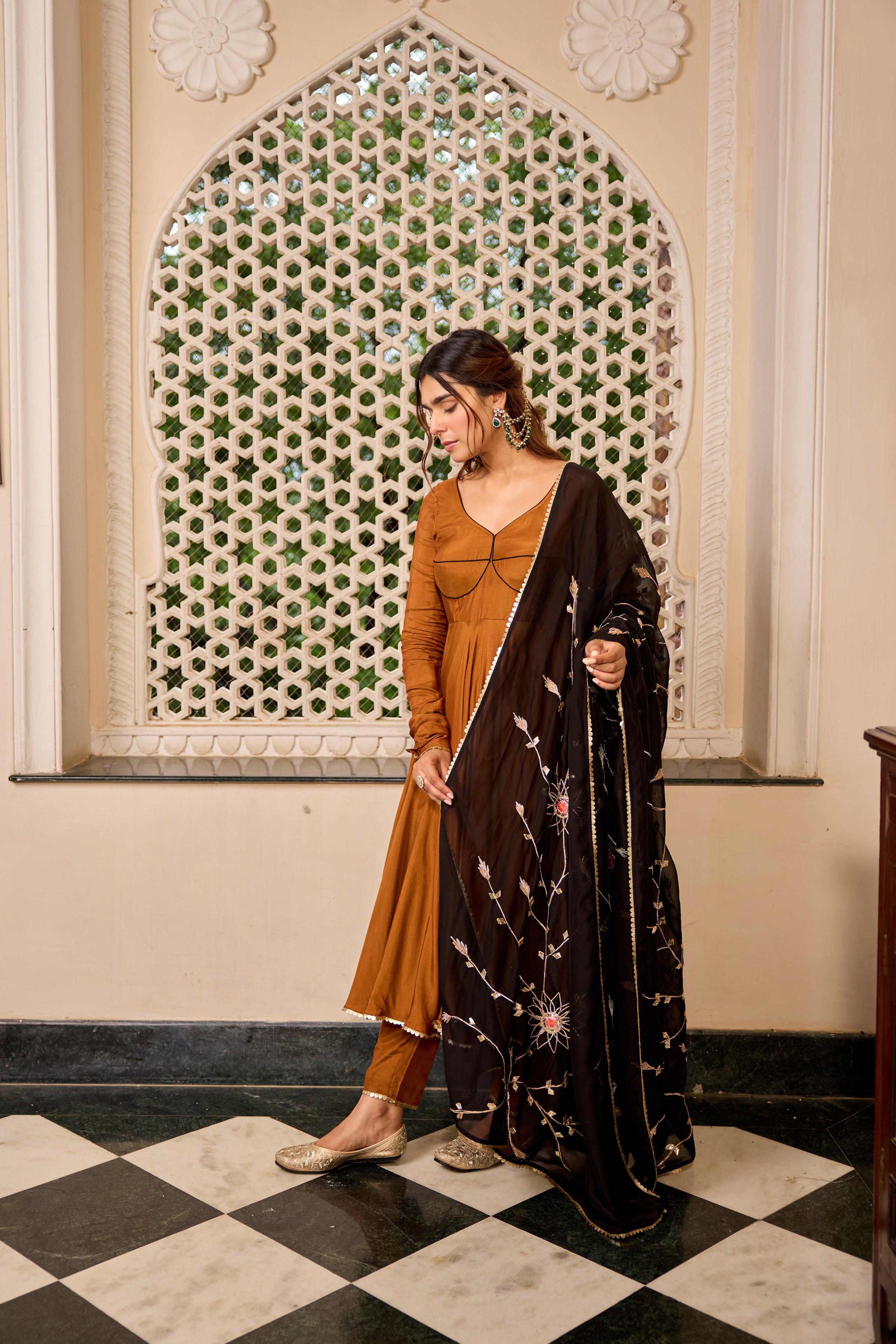 Golden Black Gotta Dupatta Anarkali Suit Set