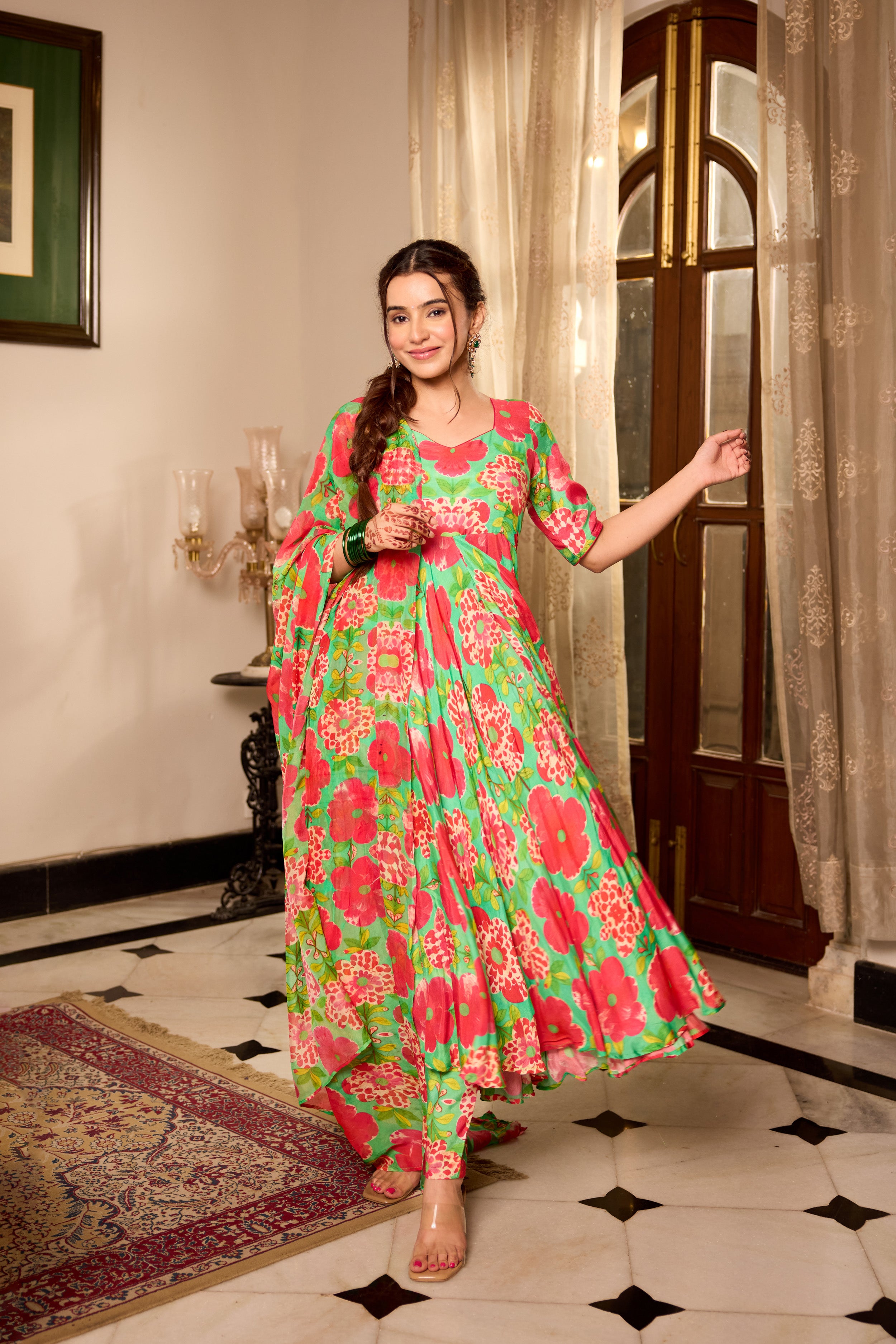 Shamrock Green Printd Anarkali Suit Set