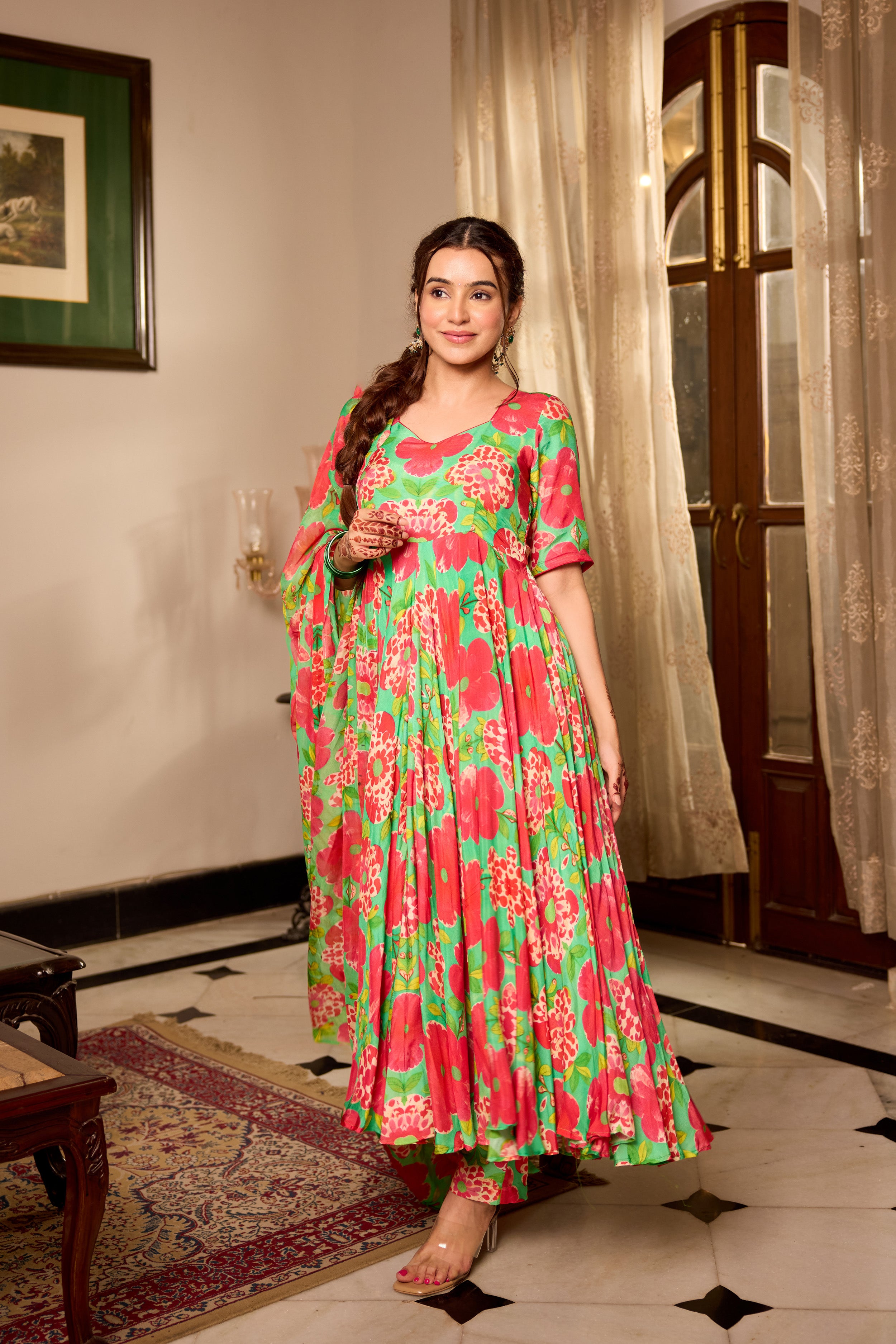 Shamrock Green Printd Anarkali Suit Set