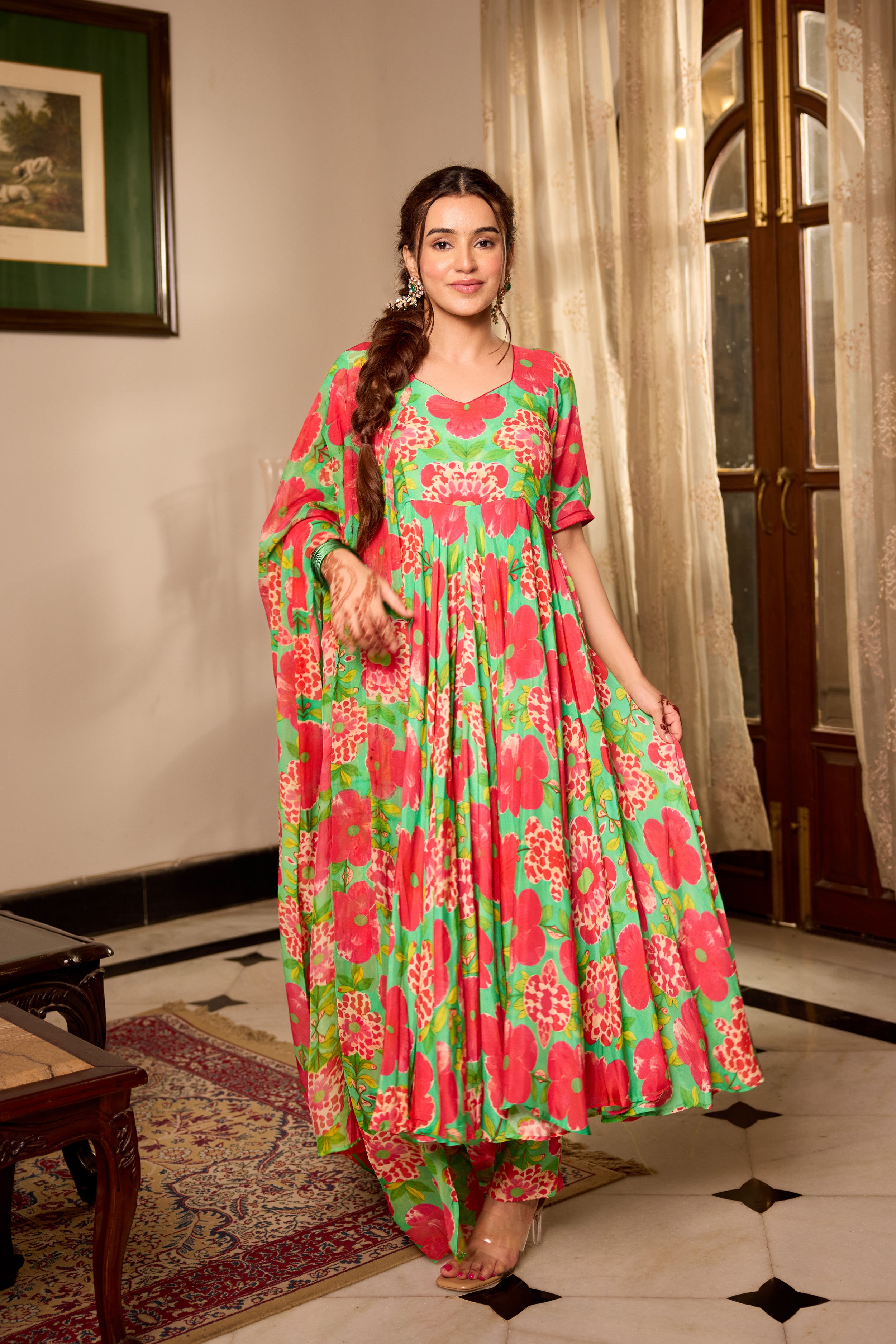 Shamrock Green Printd Anarkali Suit Set