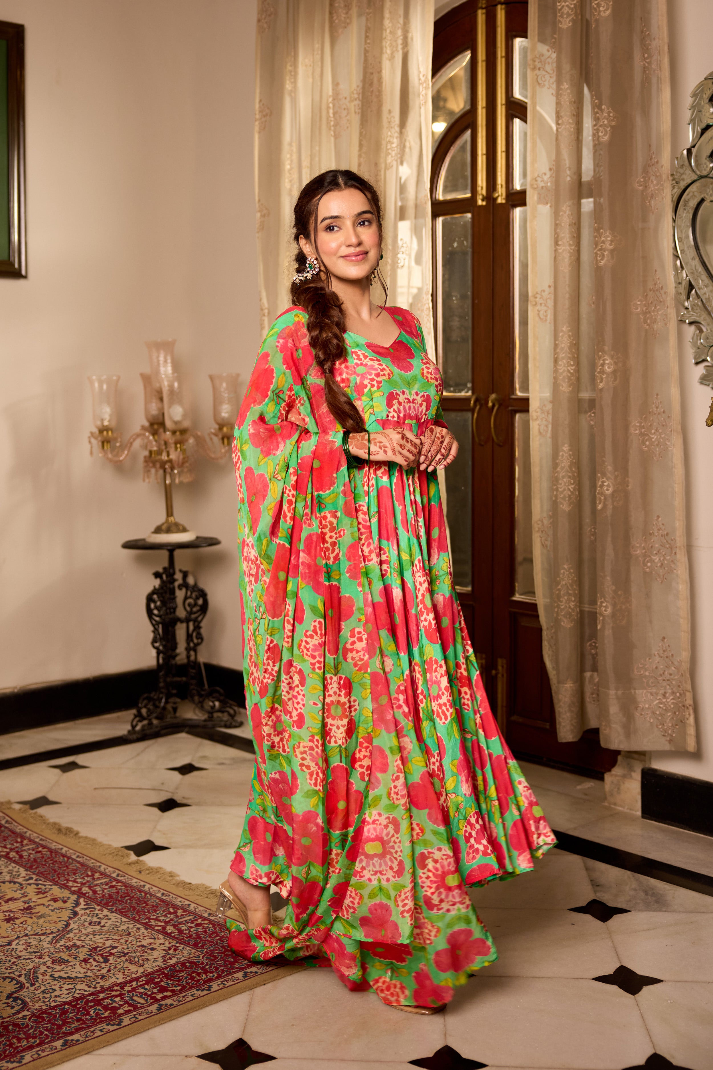 Shamrock Green Printd Anarkali Suit Set