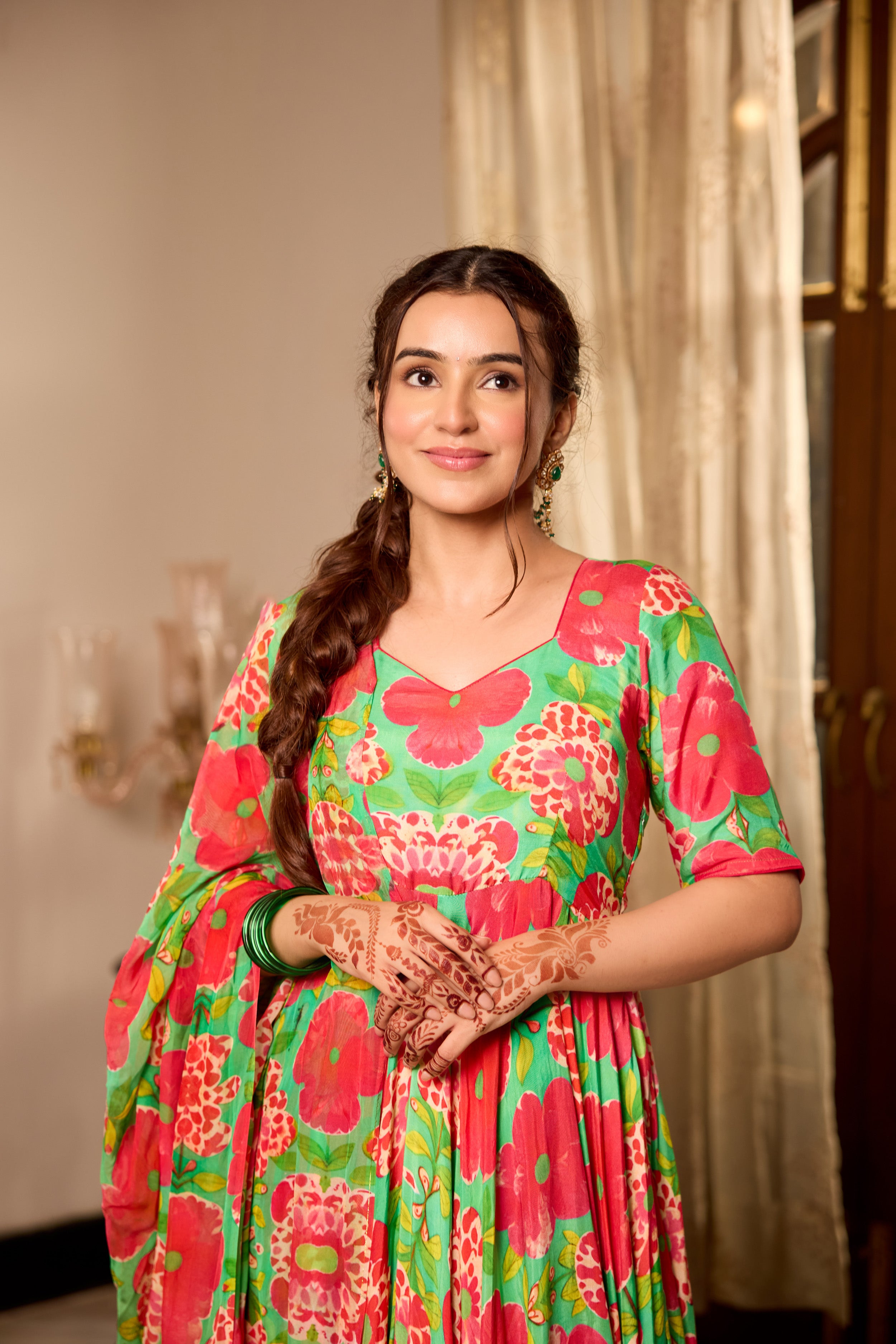 Shamrock Green Printd Anarkali Suit Set