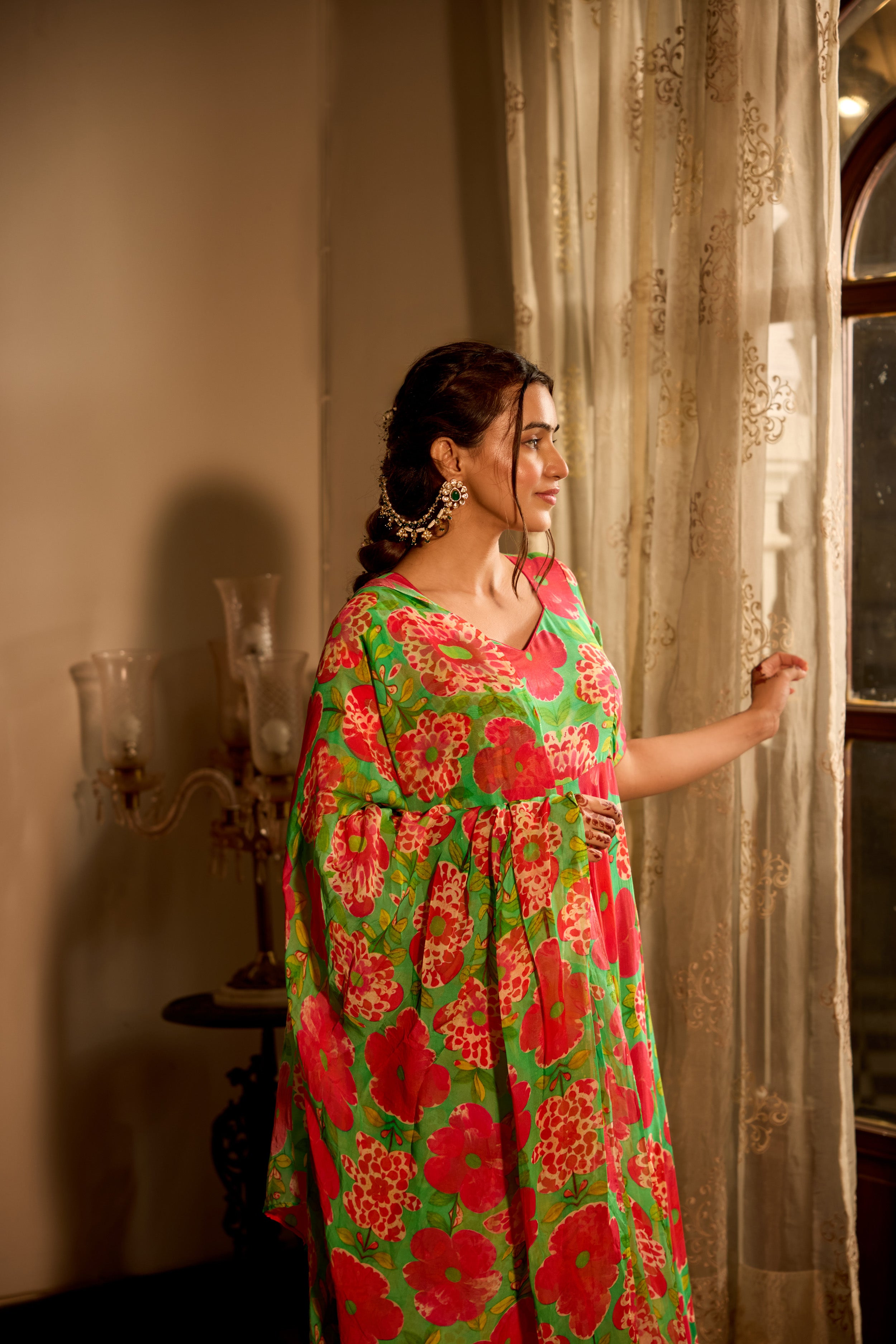 Shamrock Green Printd Anarkali Suit Set