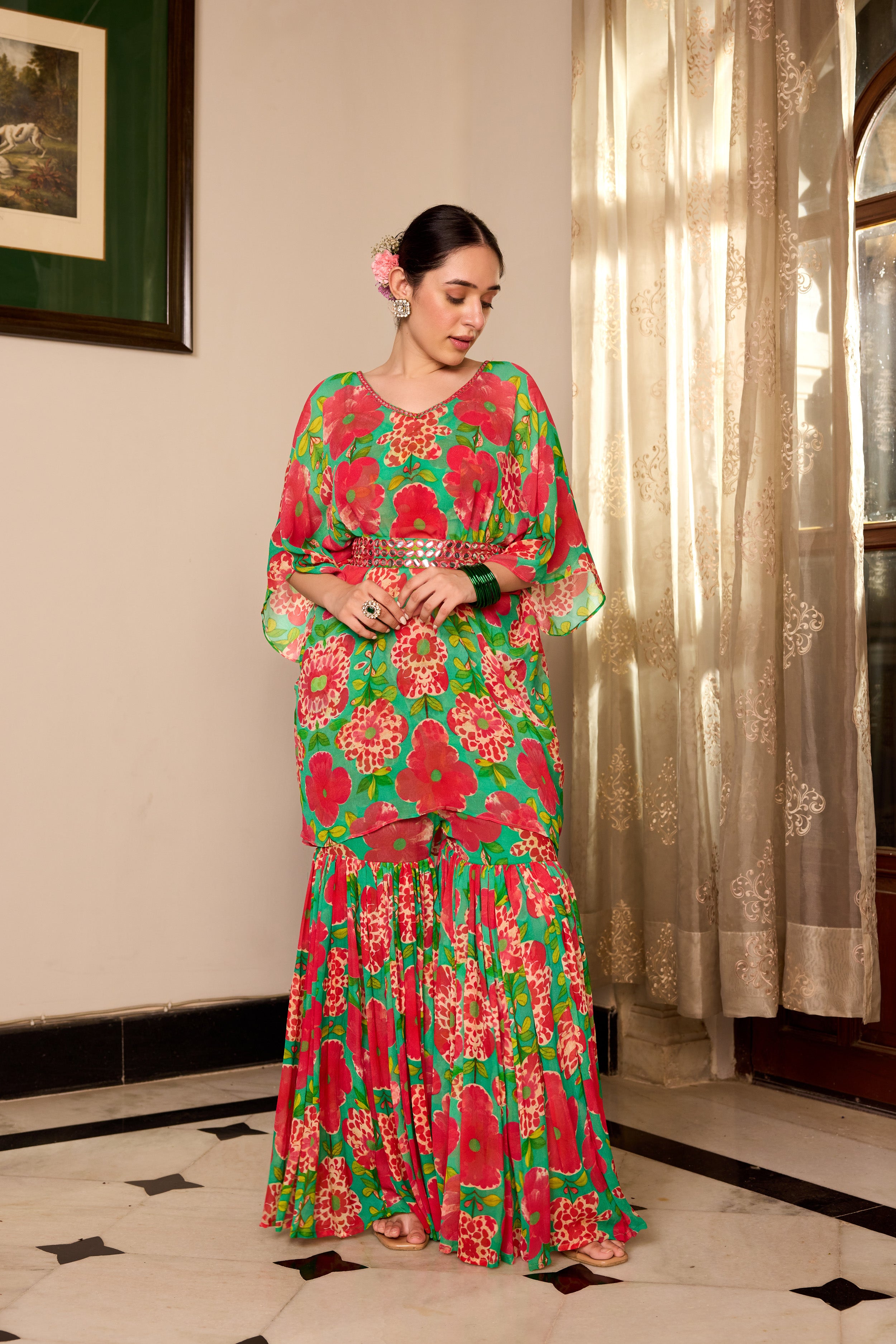 Shamrock Green Kaftan Sharara  Set