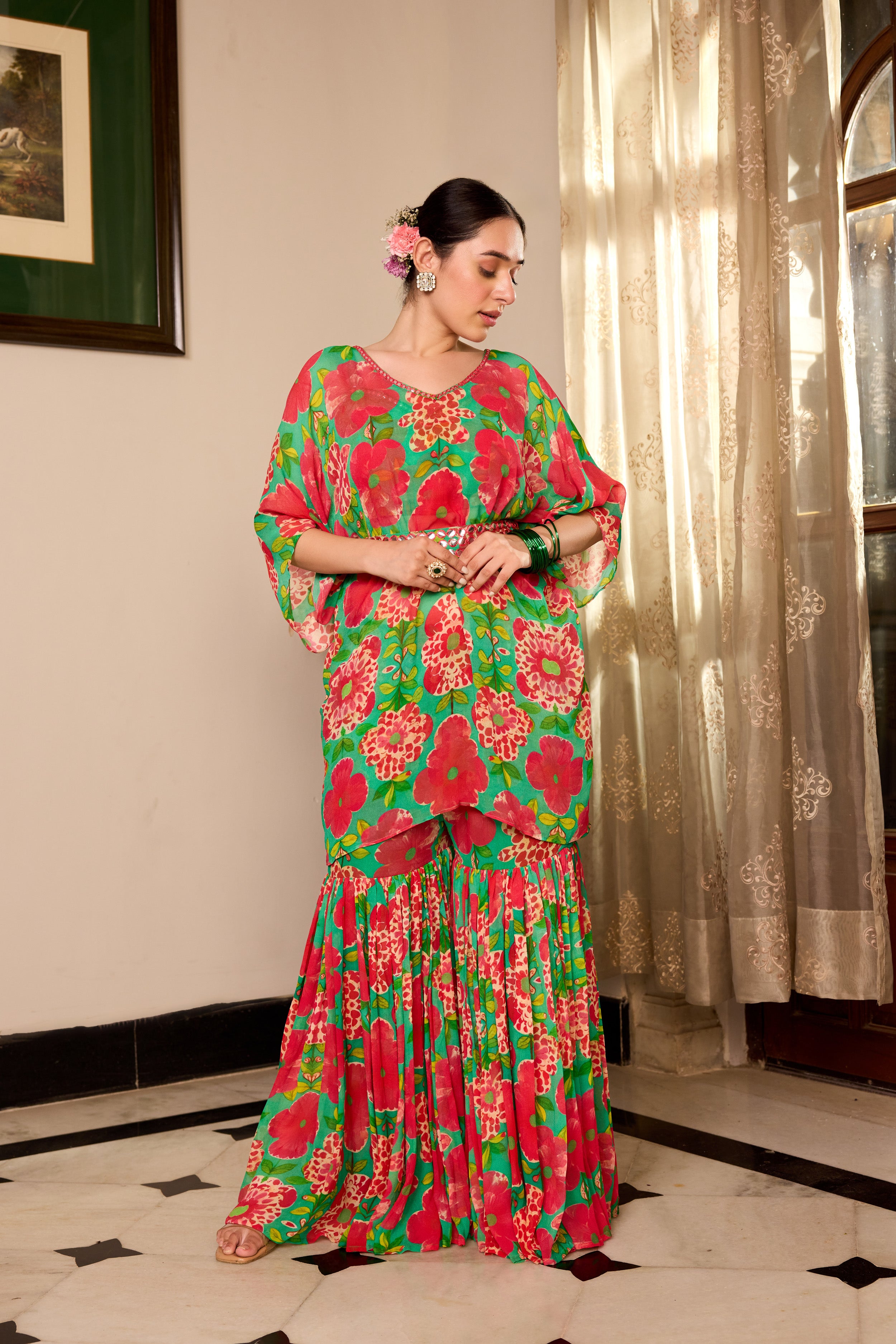 Shamrock Green Kaftan Sharara  Set