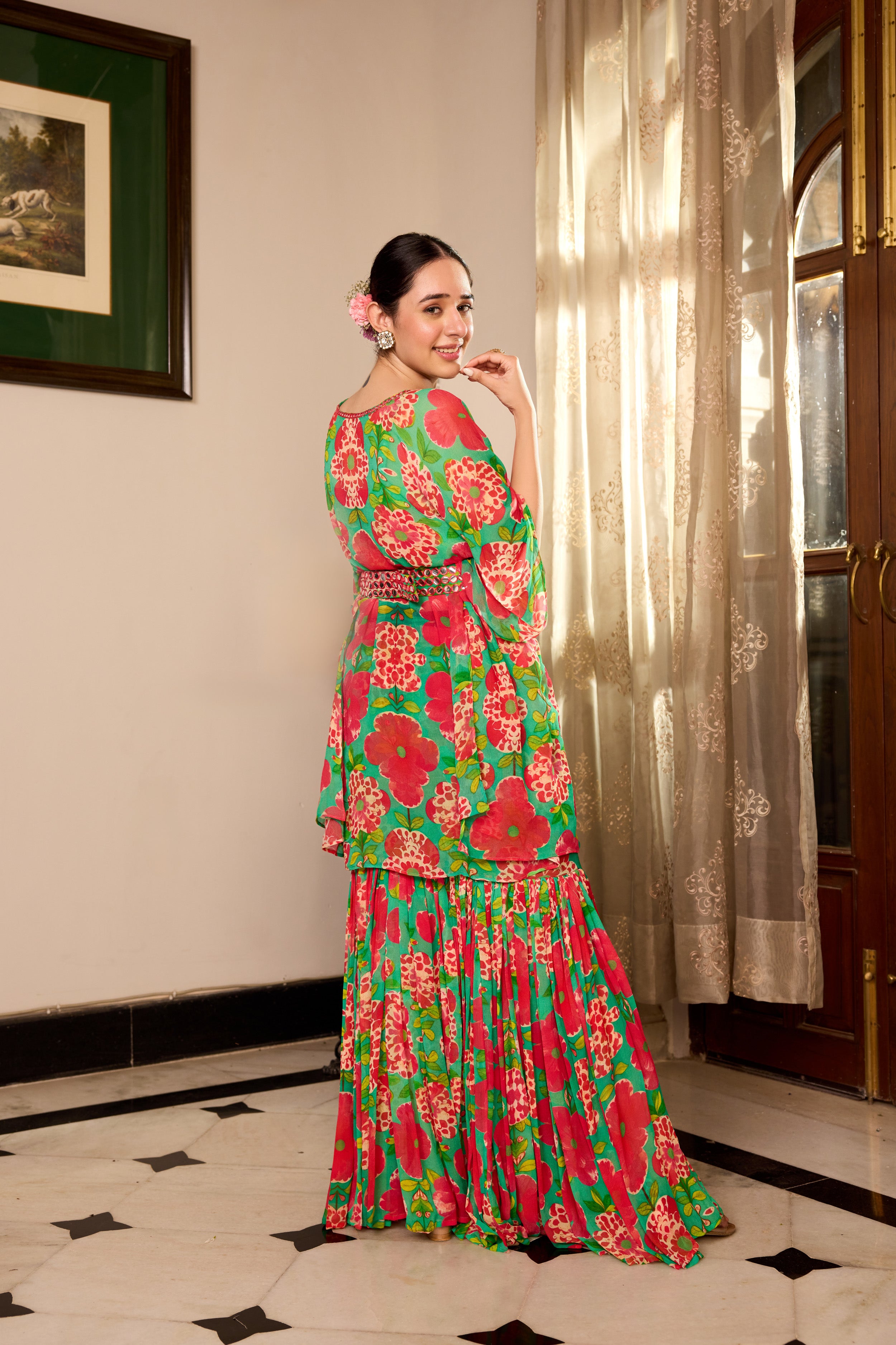 Shamrock Green Kaftan Sharara  Set