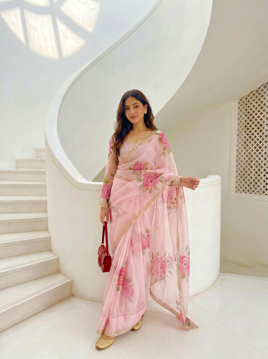 LIGHT PINK HANDPAINTED ORGANZA SAREE