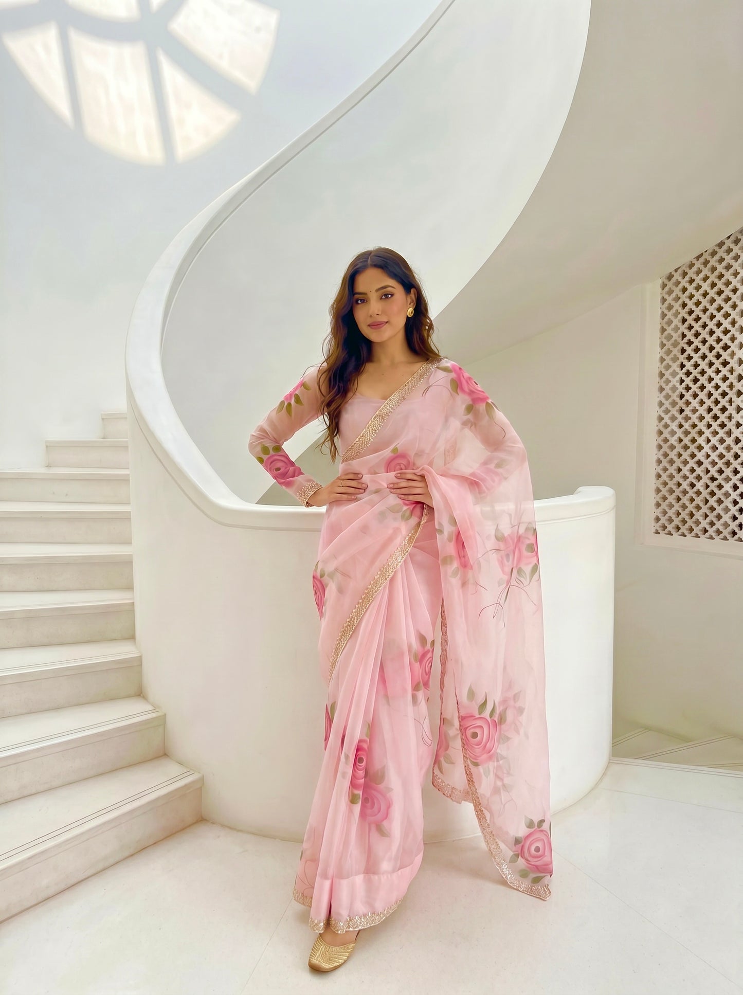 LIGHT PINK HANDPAINTED ORGANZA SAREE